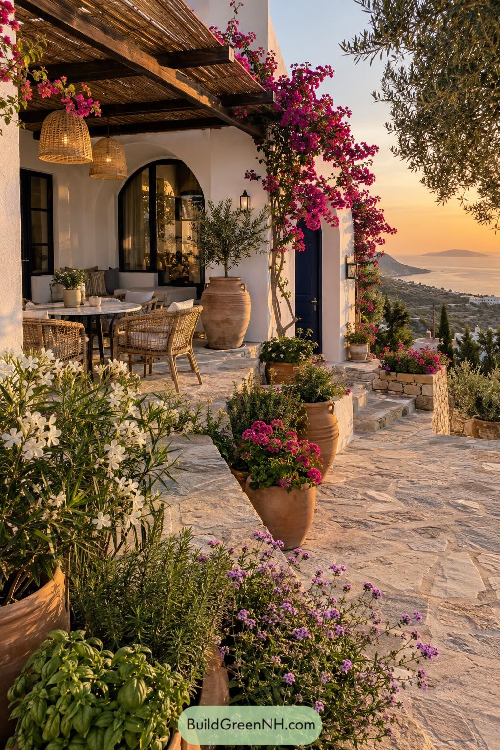 Whitewashed villa terrace with woven pergola and sea view