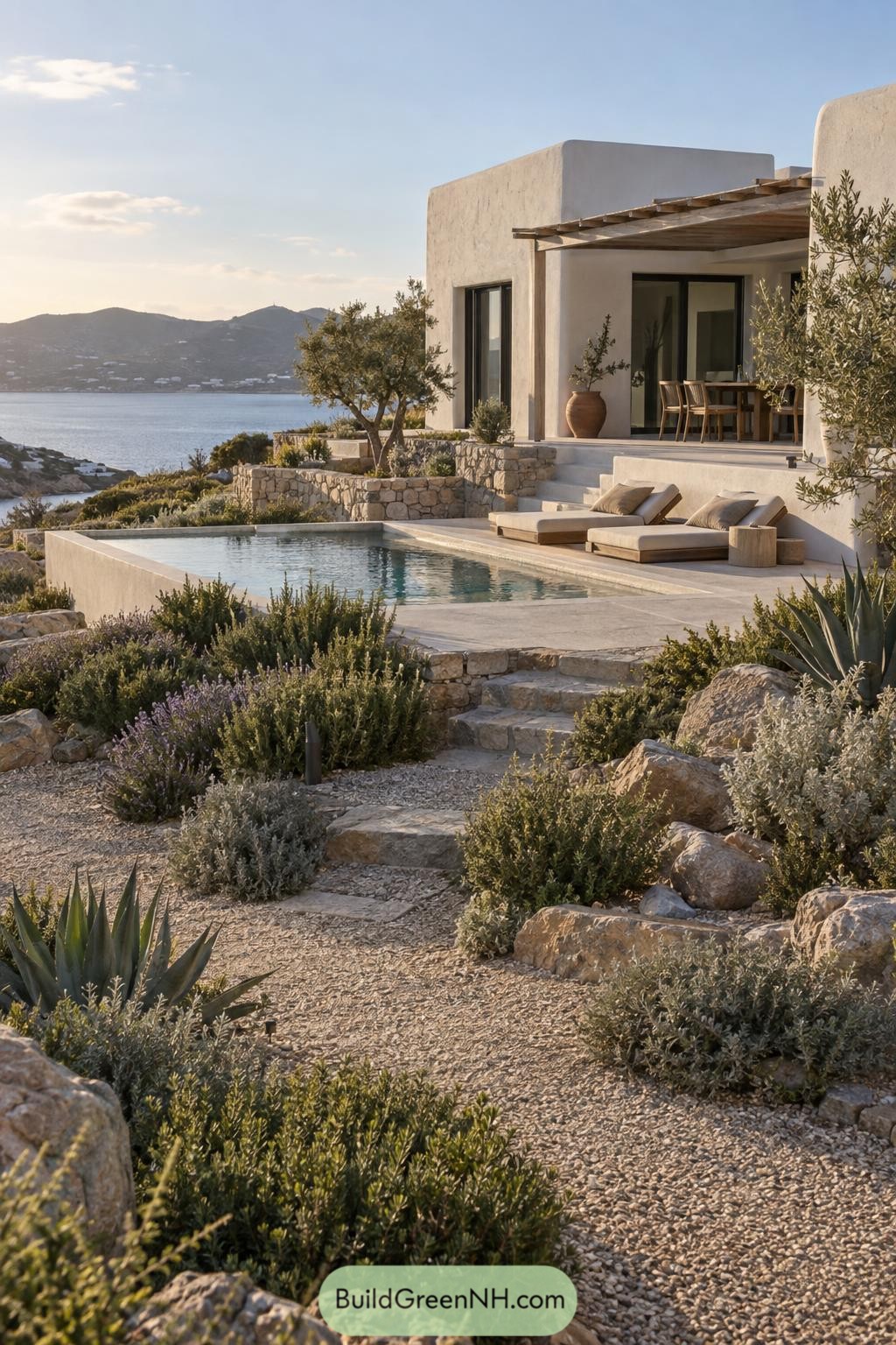 White stucco villa with pool overlooking the Aegean coast