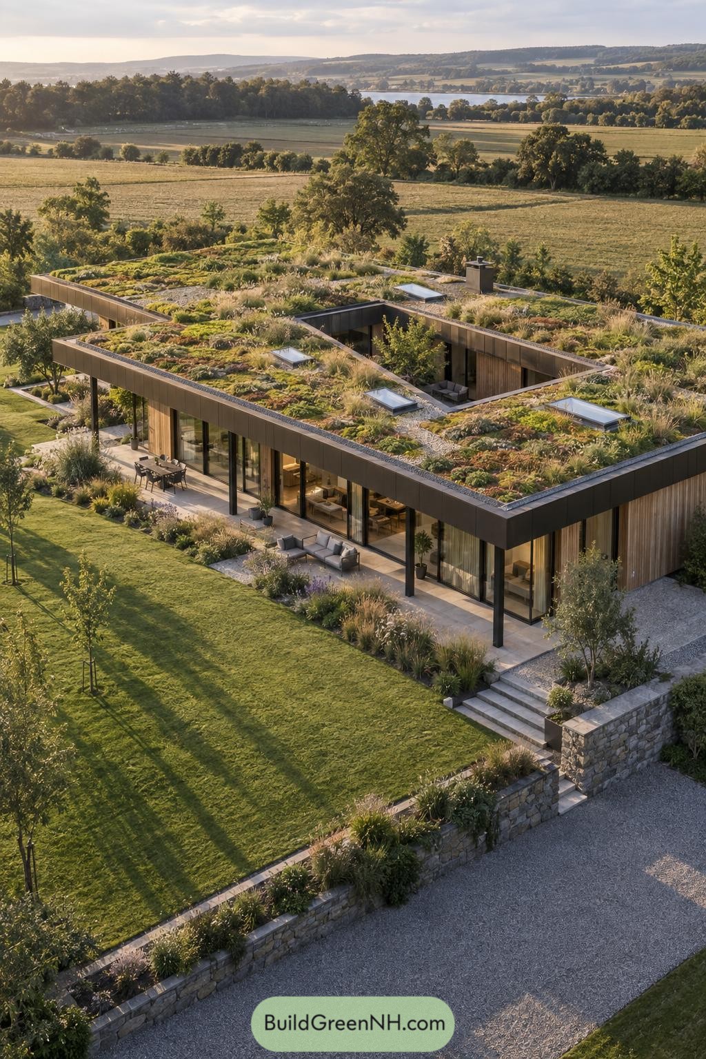 Planted roof covering a modern rural home with skylights