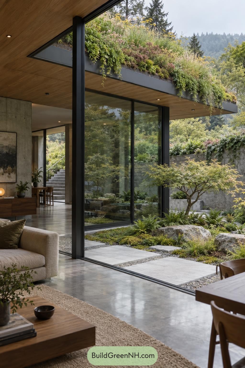 Lush planted roof above a glass-walled garden room