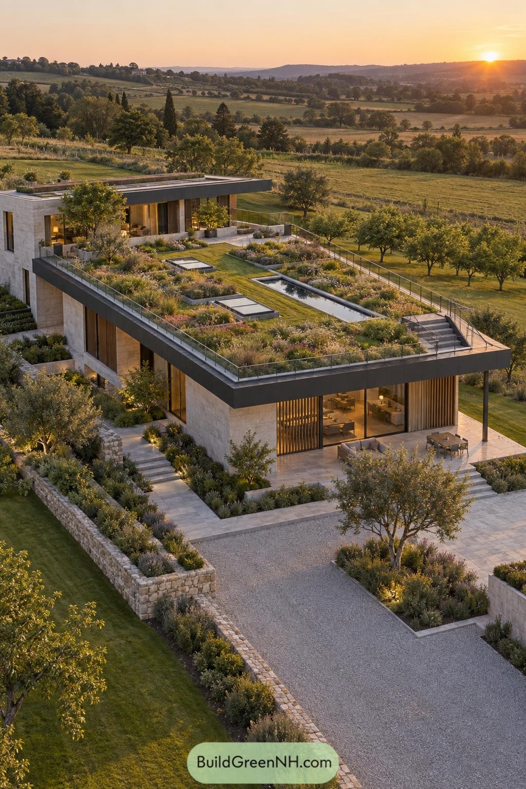 Modern villa with planted roof terraces and reflecting pools overlooking orchards