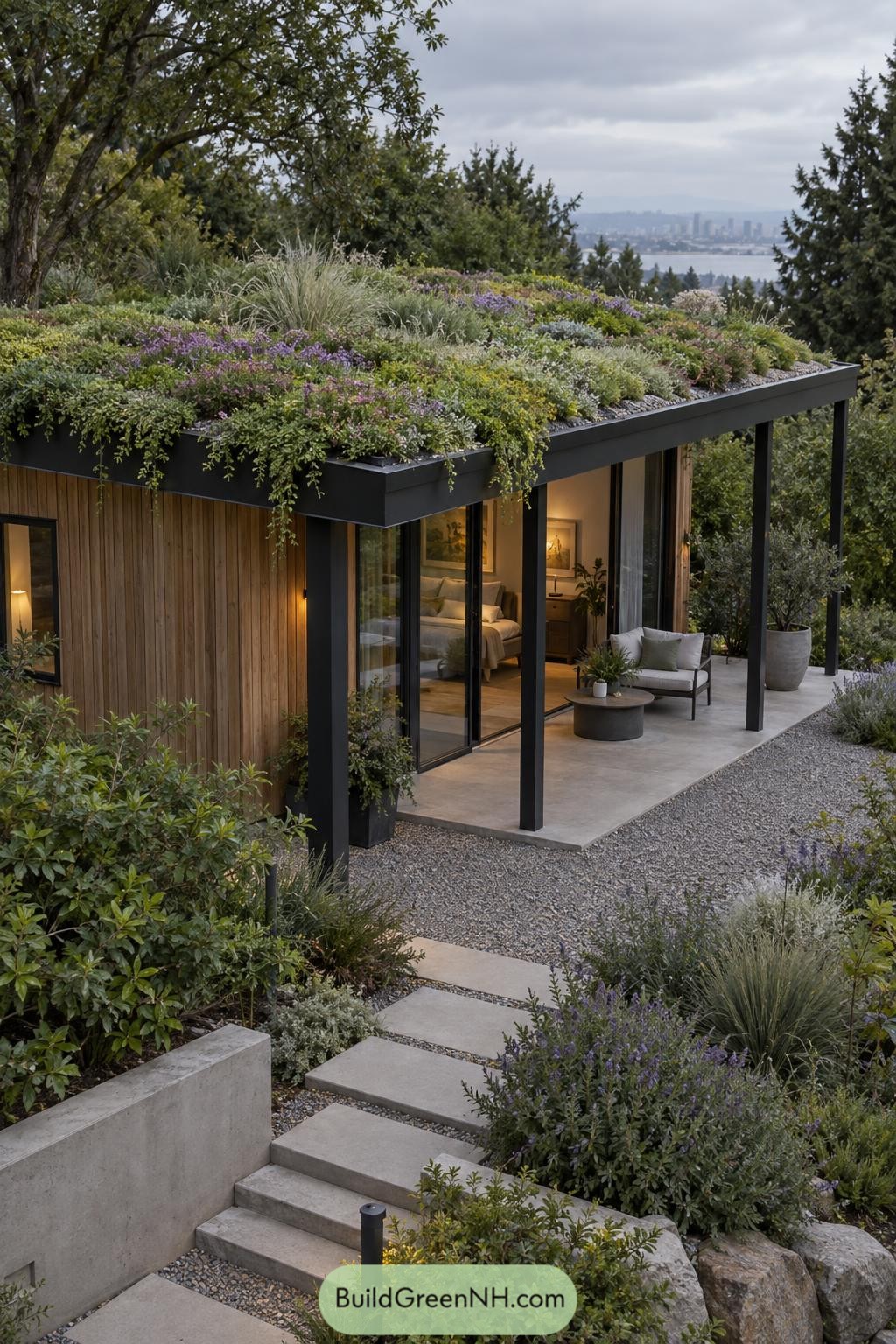 Lush flowering green roof atop a modern hillside retreat