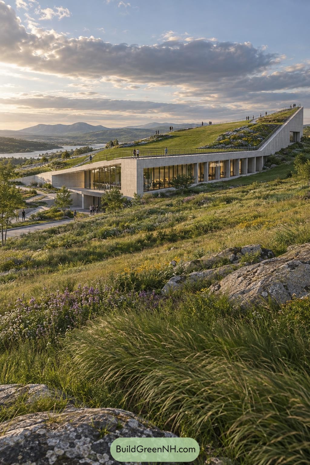 Sloped green roof with a public walkway overlooking mountain valleys
