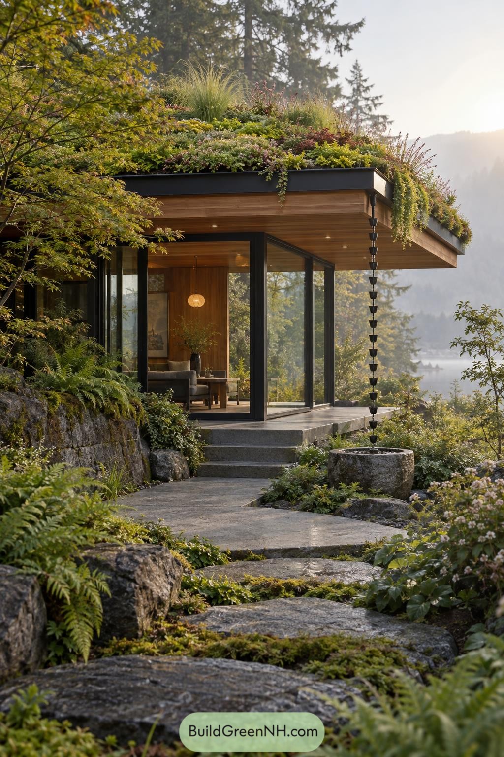 Woodland pavilion with a lush green roof and rain chain