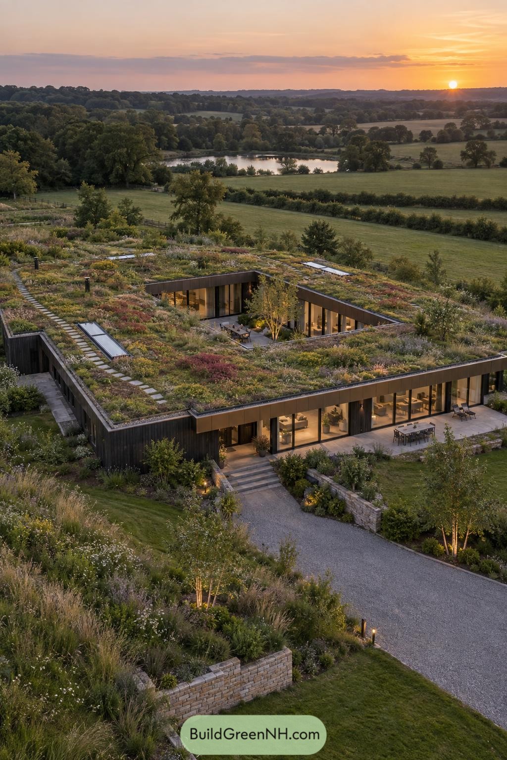 Green roofed courtyard home overlooking fields and a pond at sunset