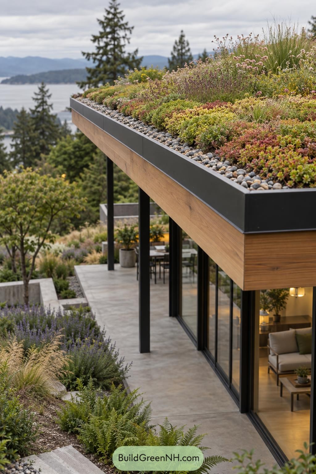 Sedum roof above a modern hillside terrace overlooking water