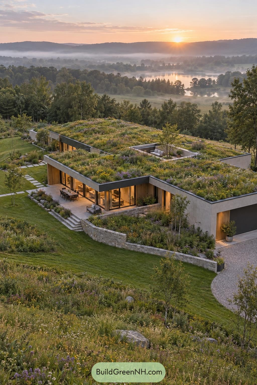 Wildflower green roof cascading over a modern hillside home above a misty lake