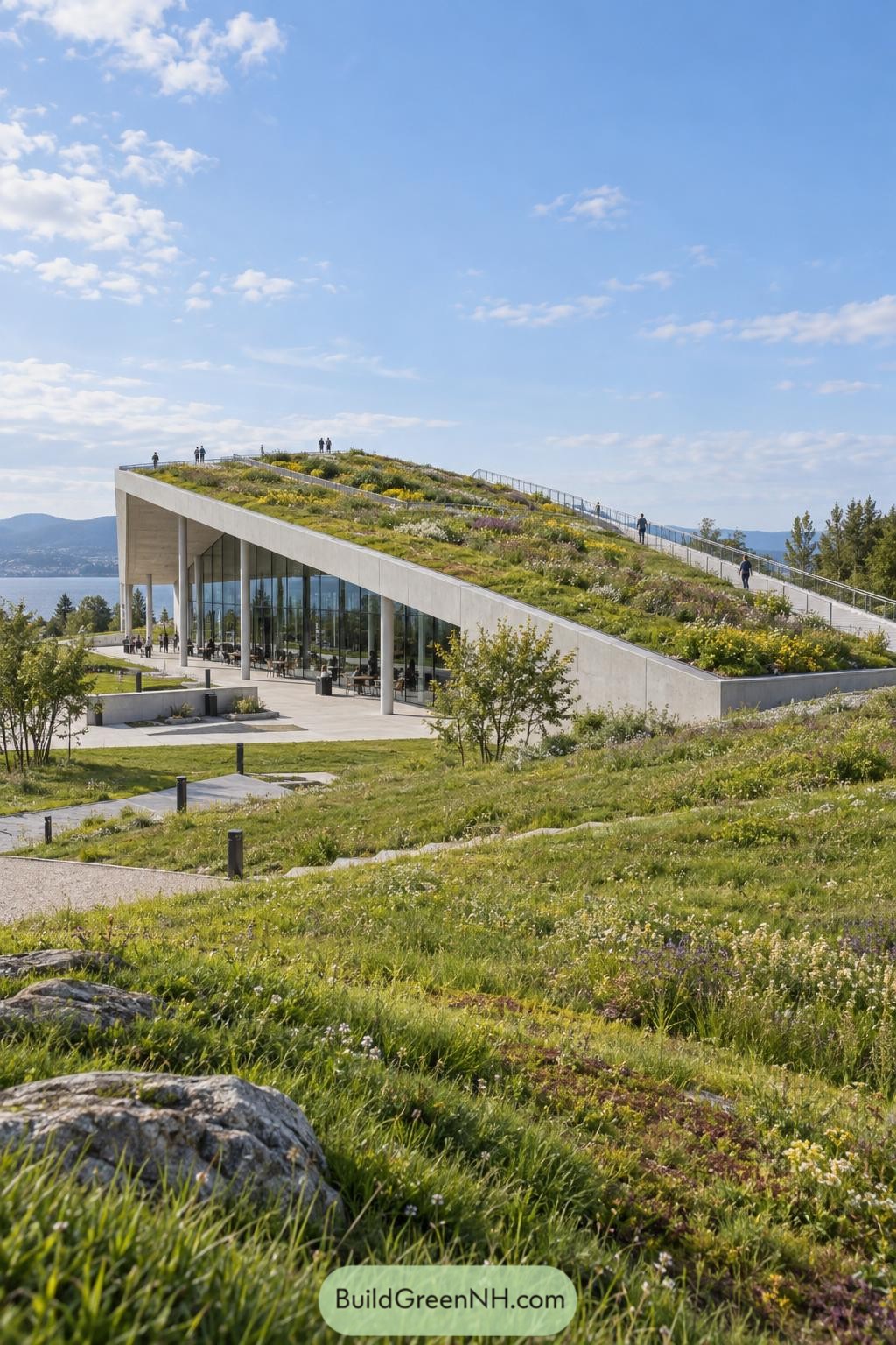 Wildflower roof with walking paths atop a glass pavilion