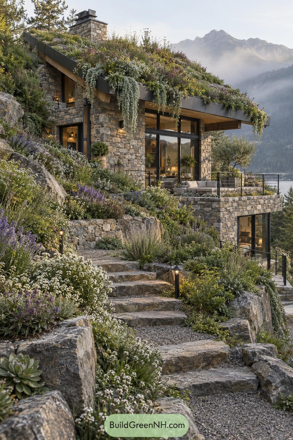 Flowering green roof cascading over a stone mountain home
