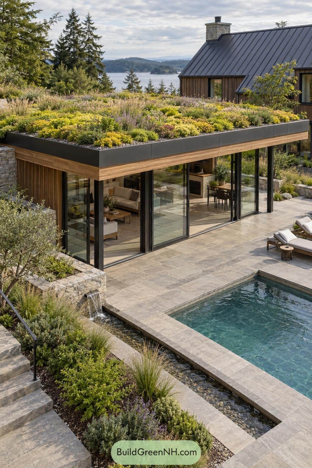 Flowering green roof above a glass pavilion beside a pool