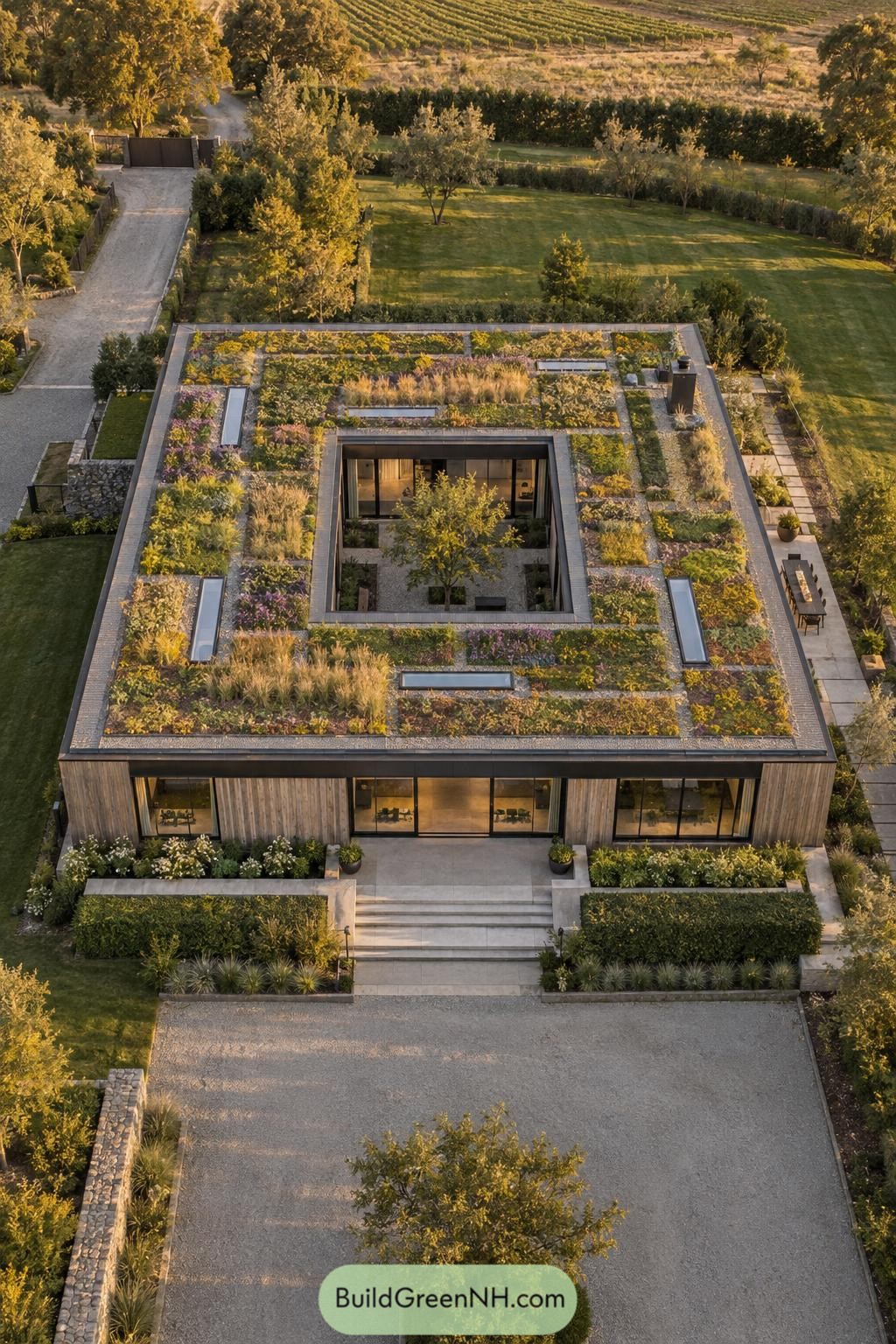 Aerial view of planted roof surrounding a central courtyard