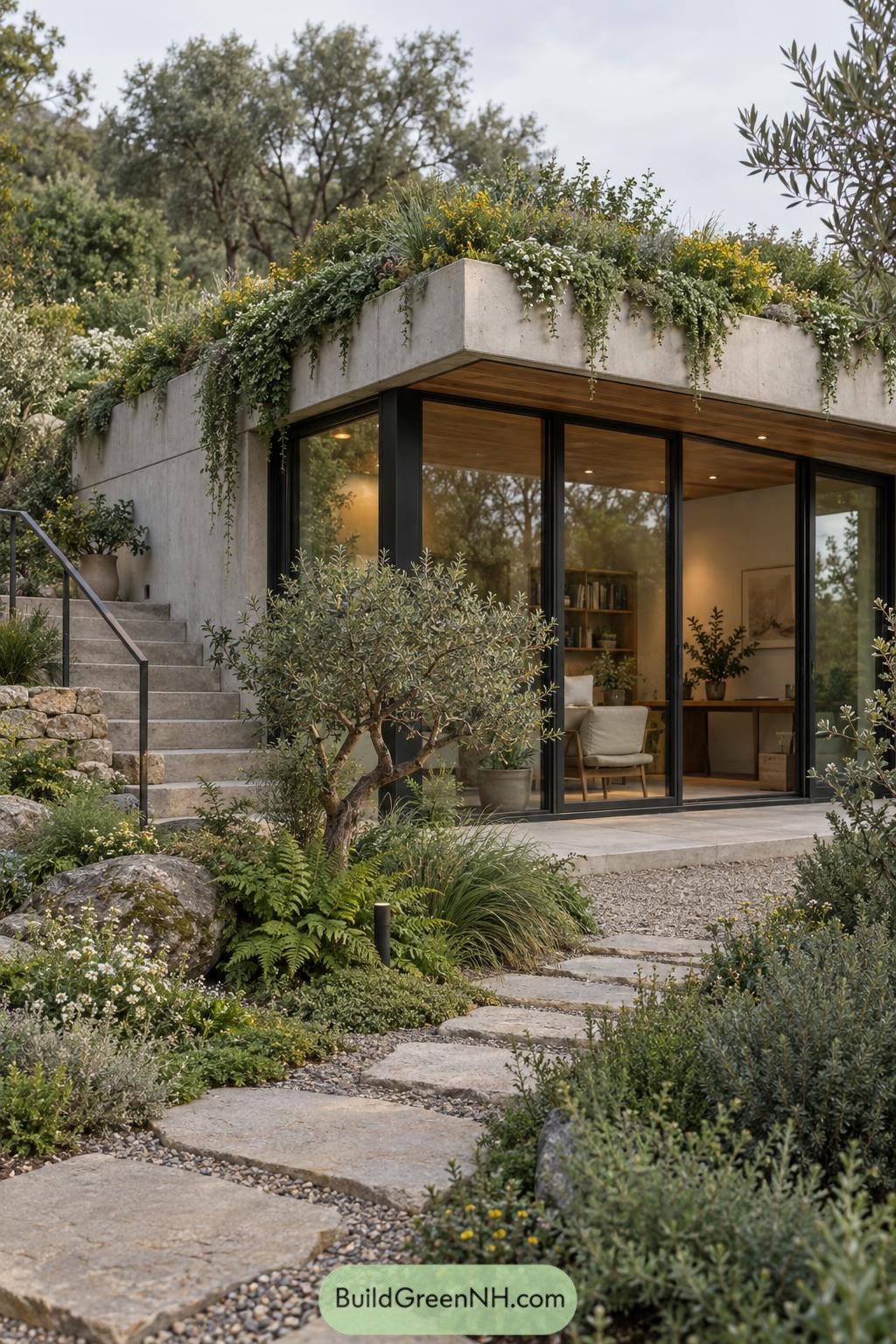 Concrete garden pavilion with a cascading green roof and olive trees