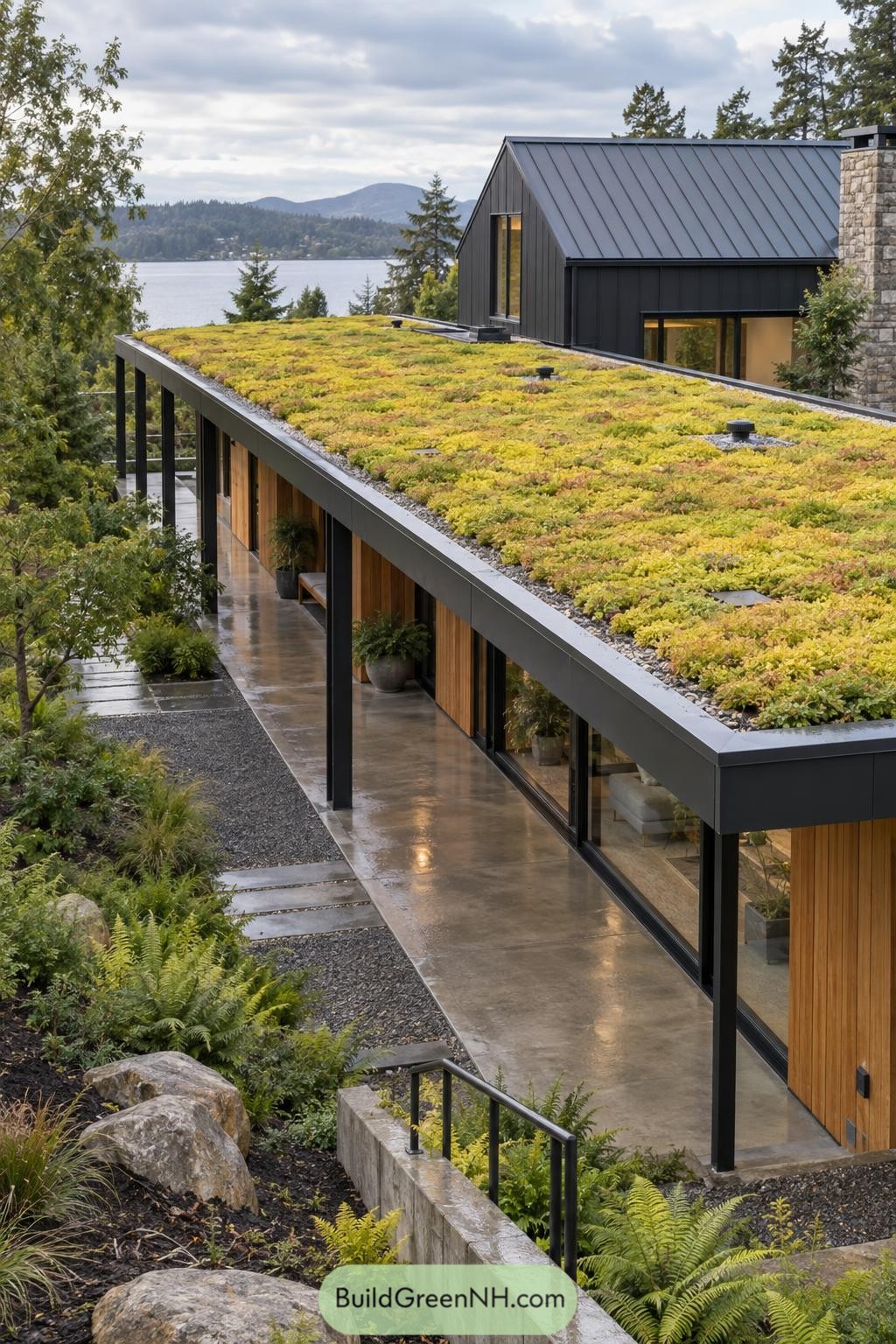 Sedum green roof over a modern lakeside veranda