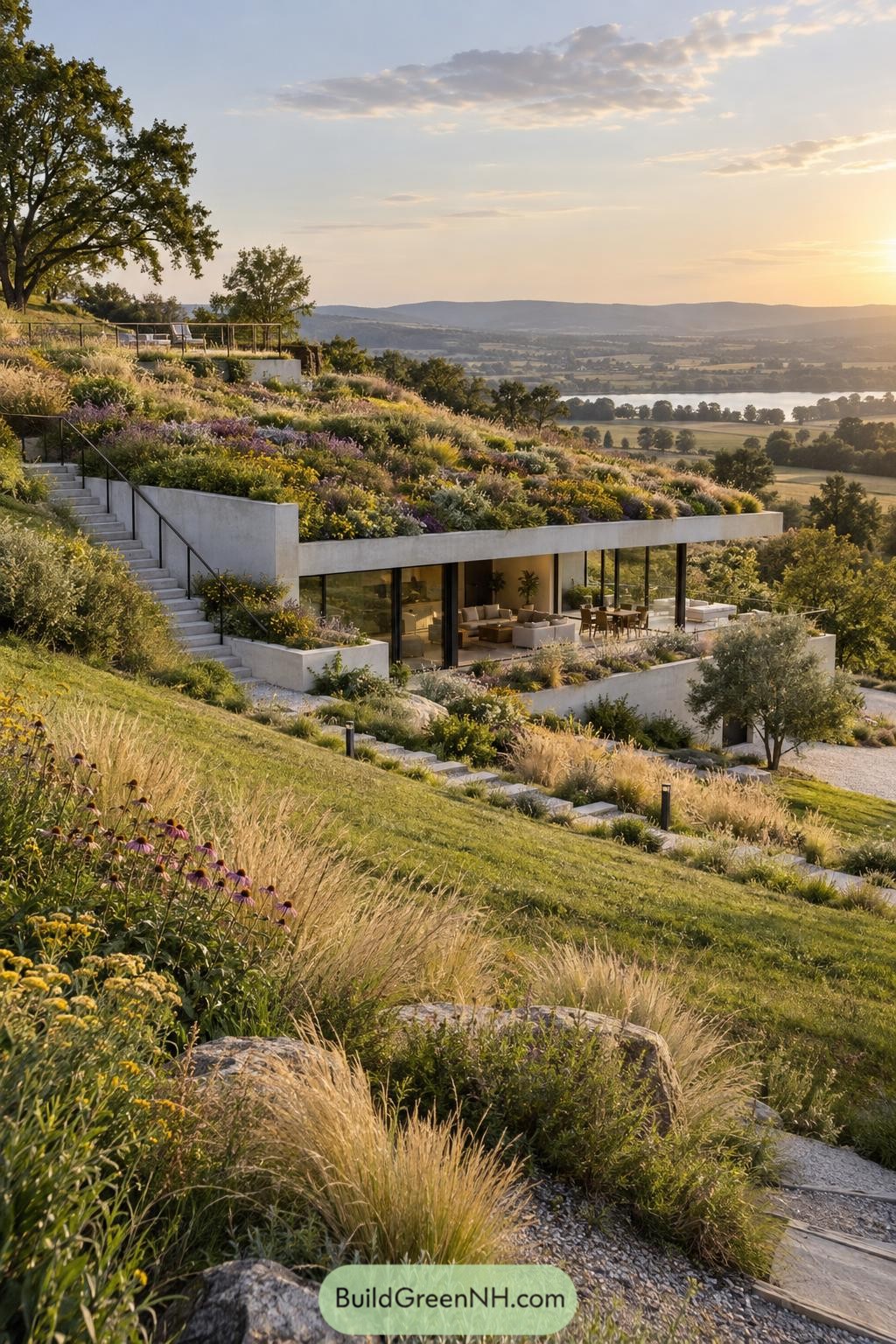 Flowering green roof cascading over a glass-walled hillside home