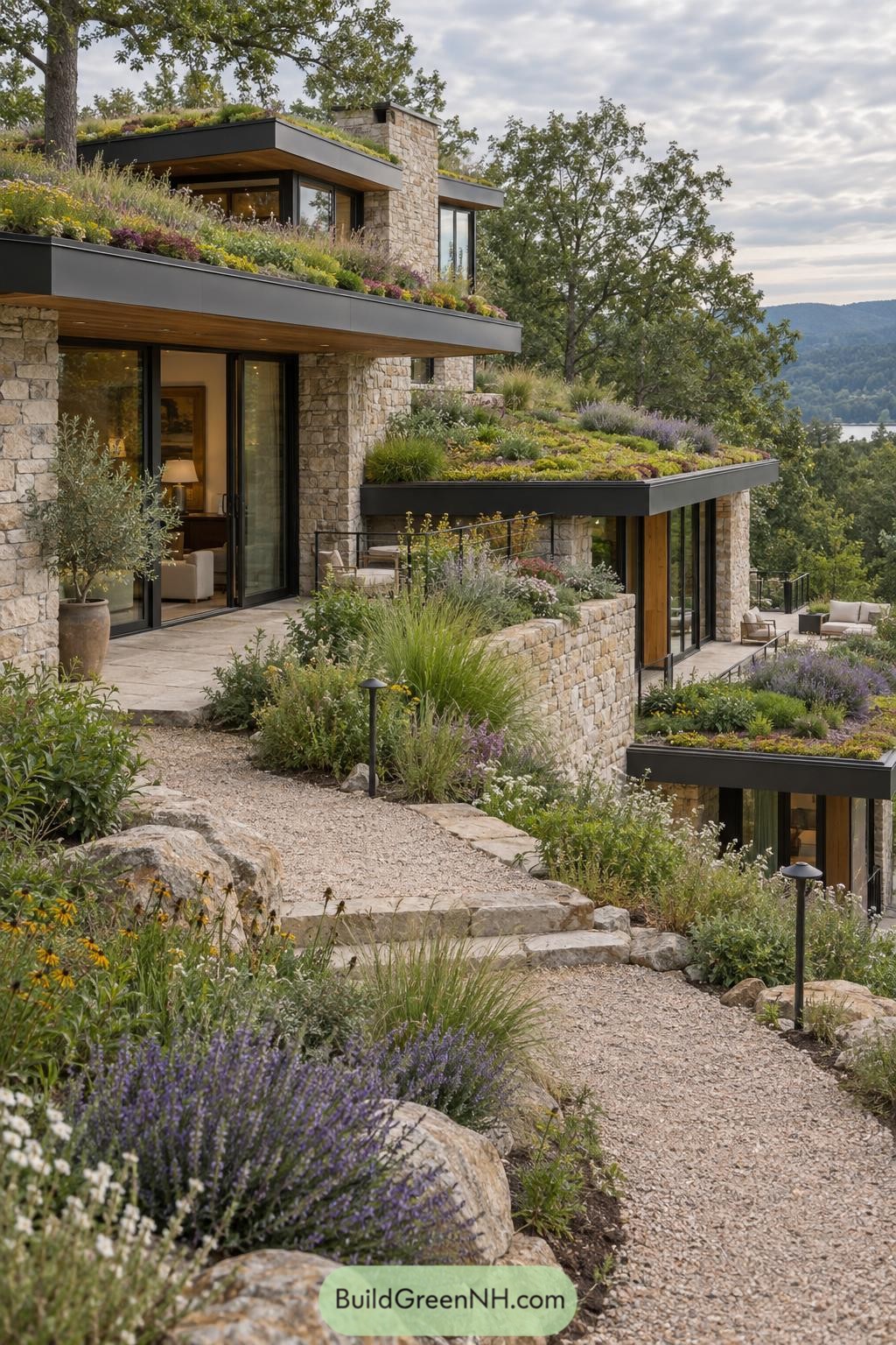 Tiered stone home with planted green roofs on a wooded slope