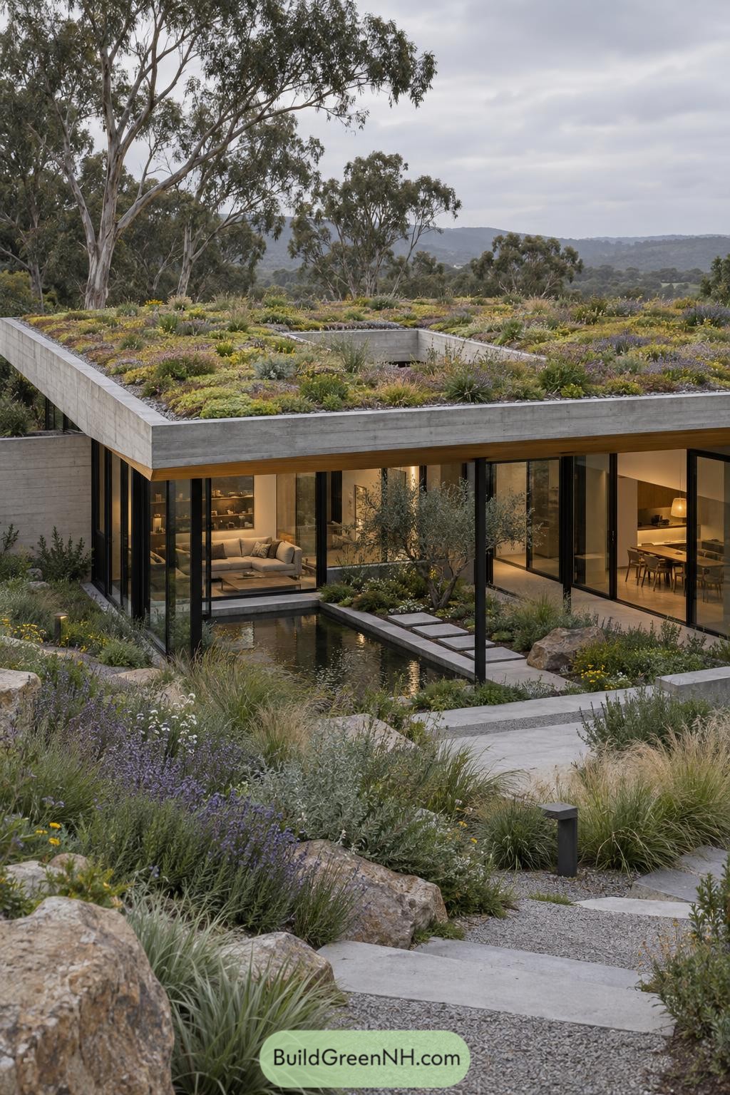 Wildflower green roof above a glass-walled courtyard home