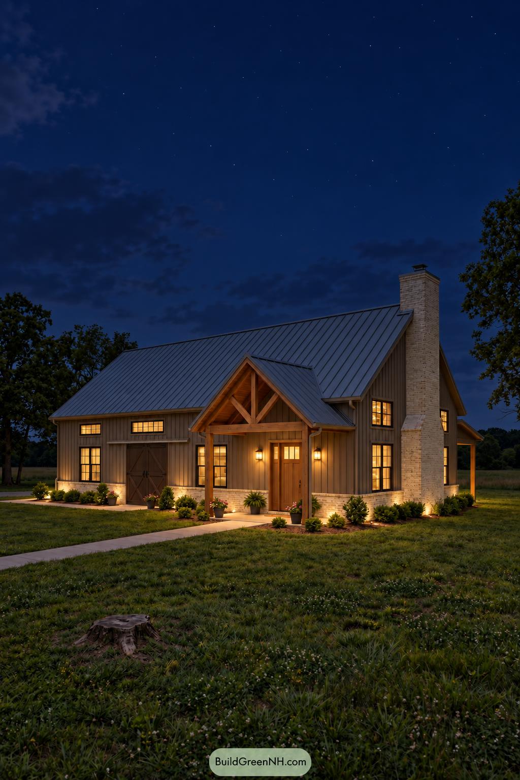 Grey Barndominium Exterior Color Scheme: Silver Gable Prairie Barndo - Nighttime