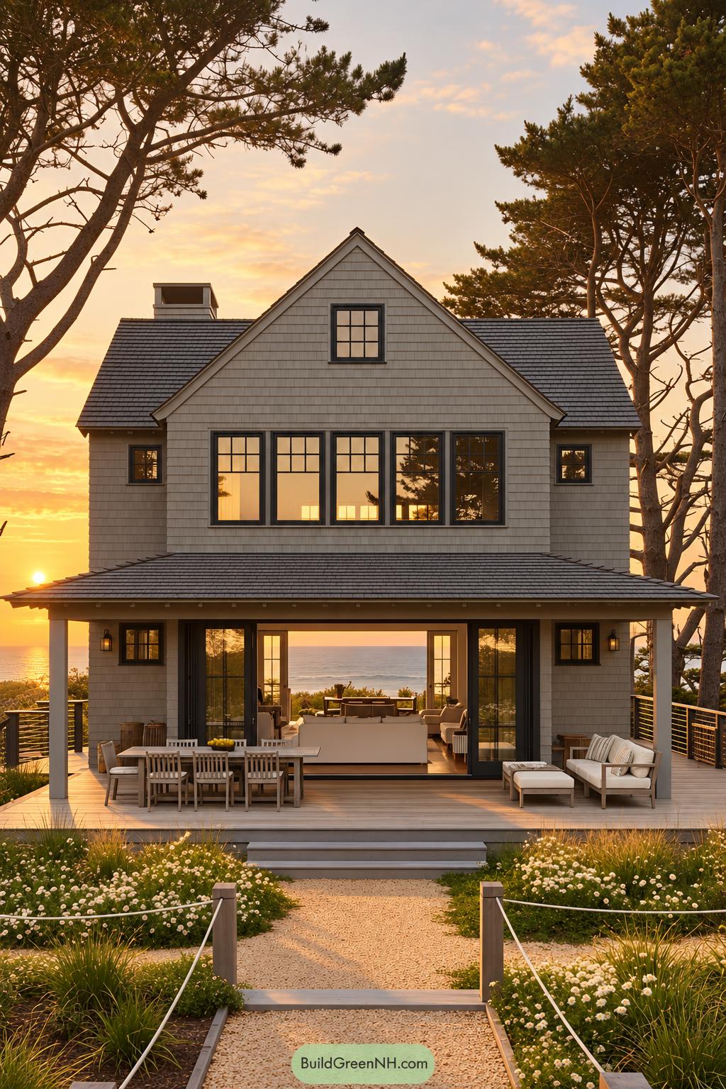 Grey Traditional House Exterior Color Scheme: Grey Cozy Cove Cabin - Golden Hour
