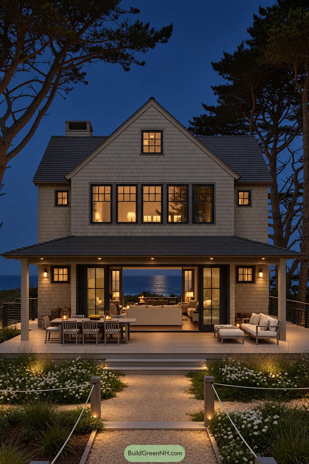 Grey Traditional House Exterior Color Scheme: Grey Cozy Cove Cabin - Nighttime