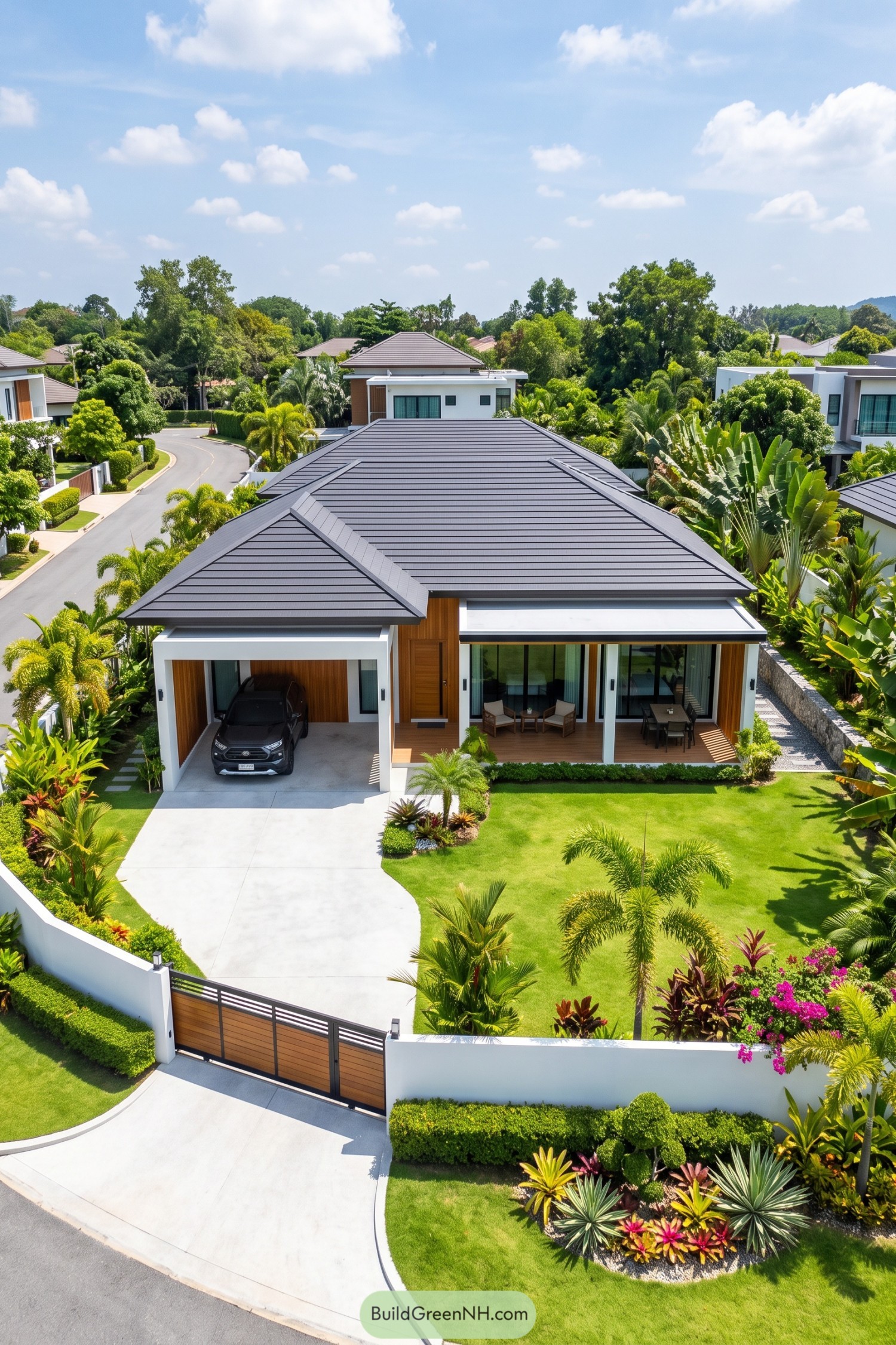 Modern hip roof villa with tropical landscaping and open veranda