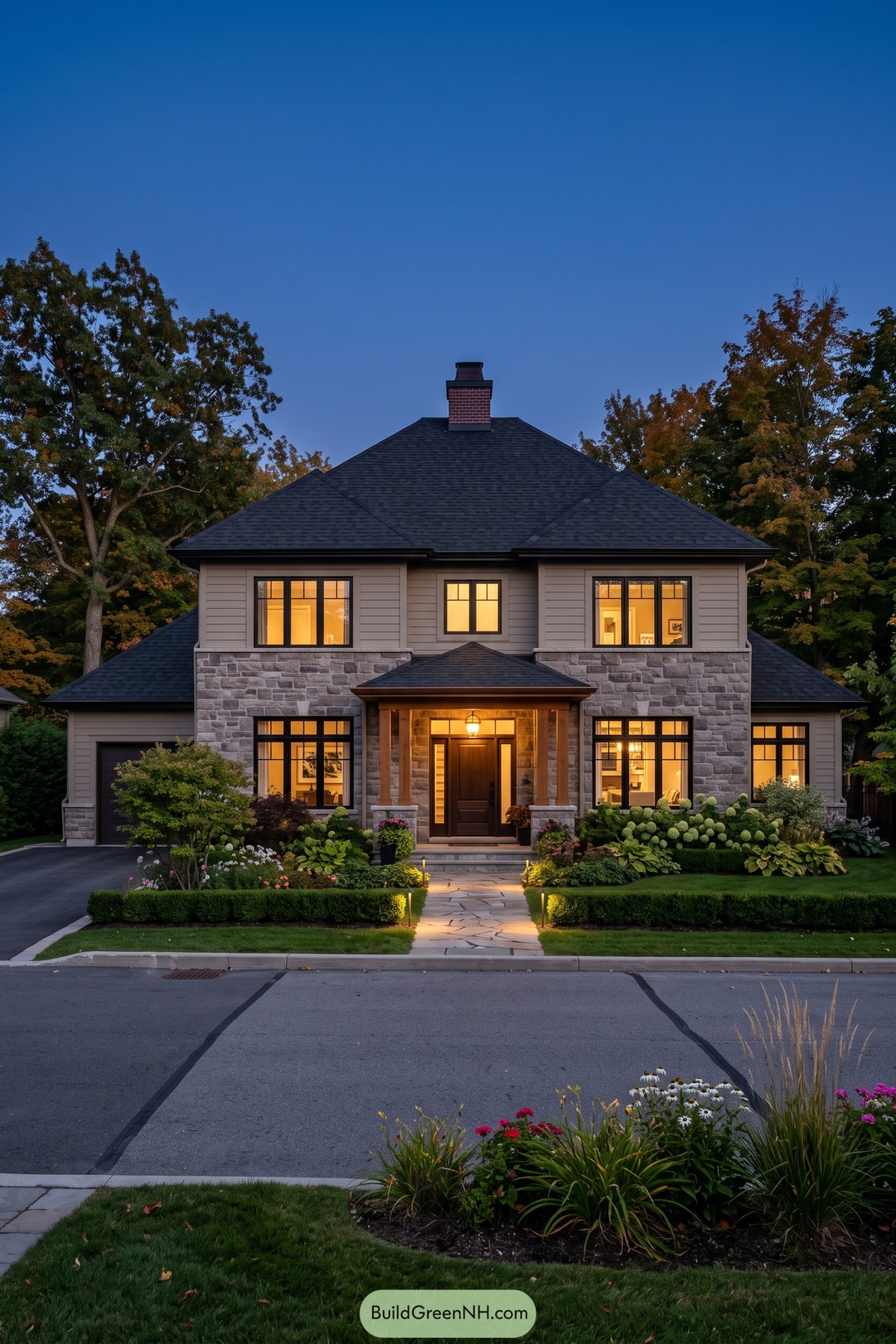 Two story hip roof home with stone facade and glowing windows at dusk