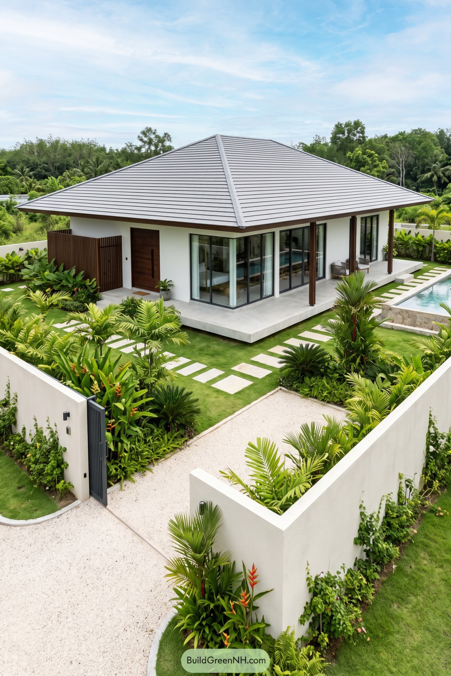 Modern white hip roof home with a pool and tropical garden