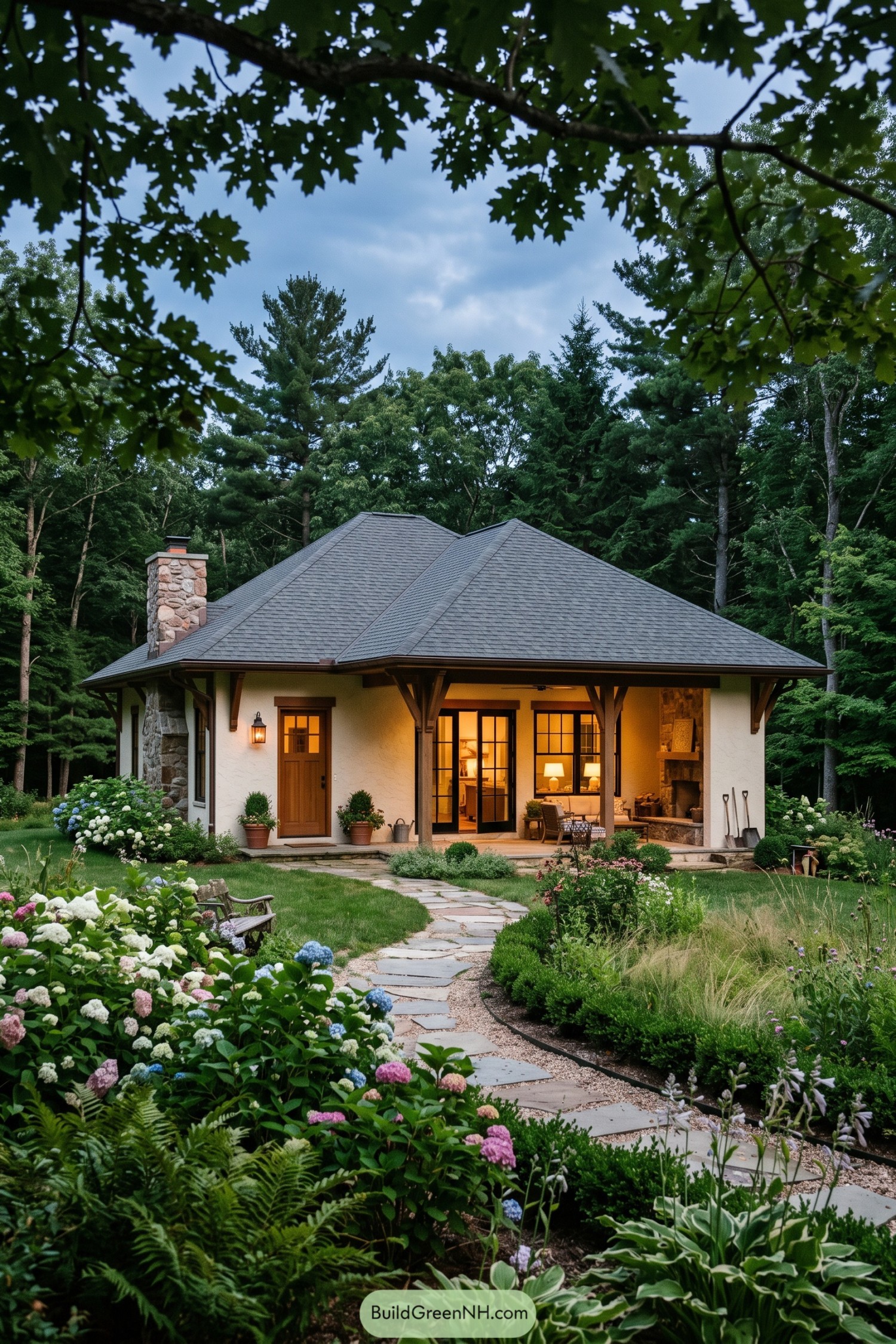 Woodland hip roof cottage with stone chimney and flowering garden