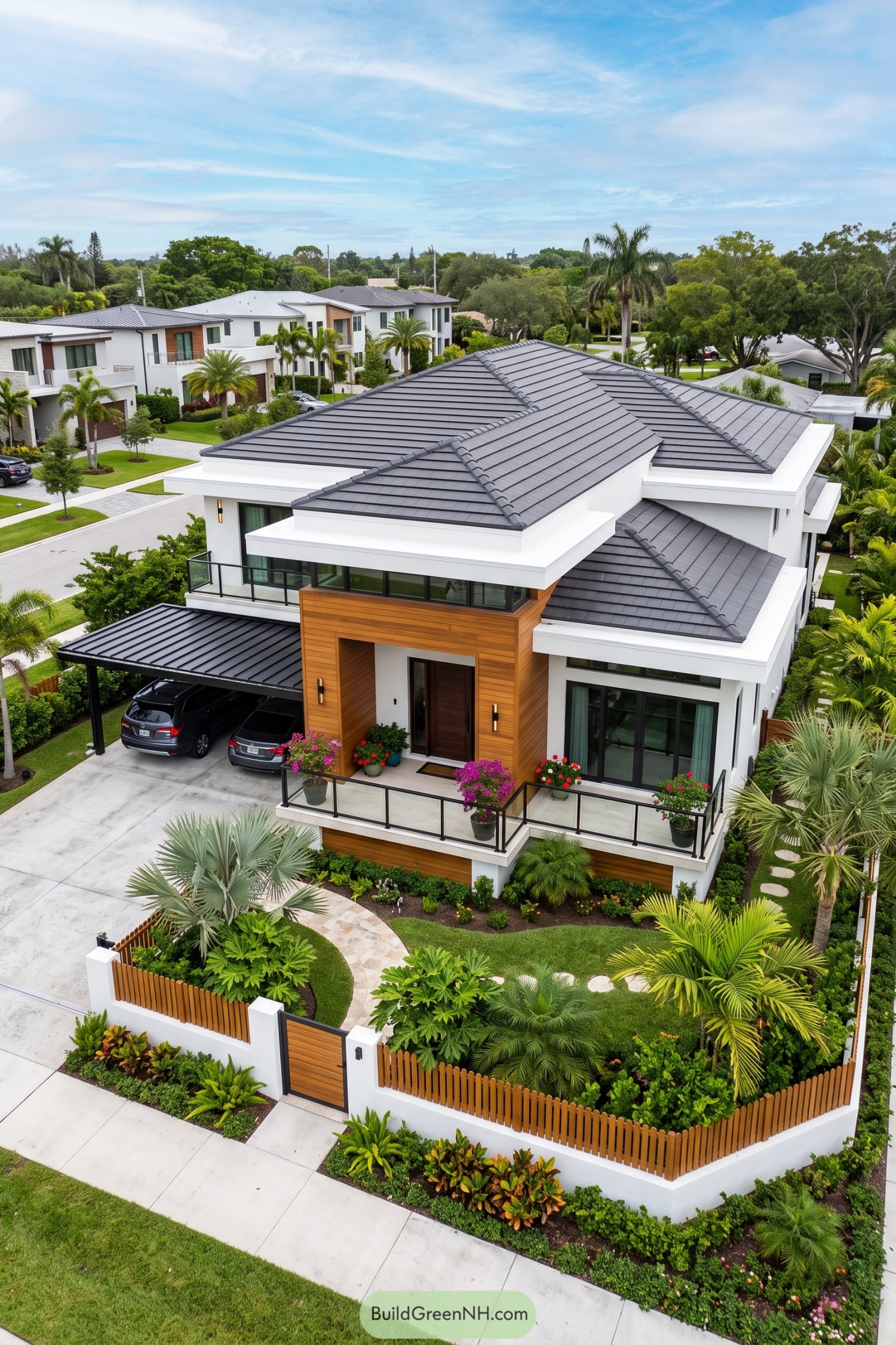 Modern white hip roof home with teak cladding and tropical garden