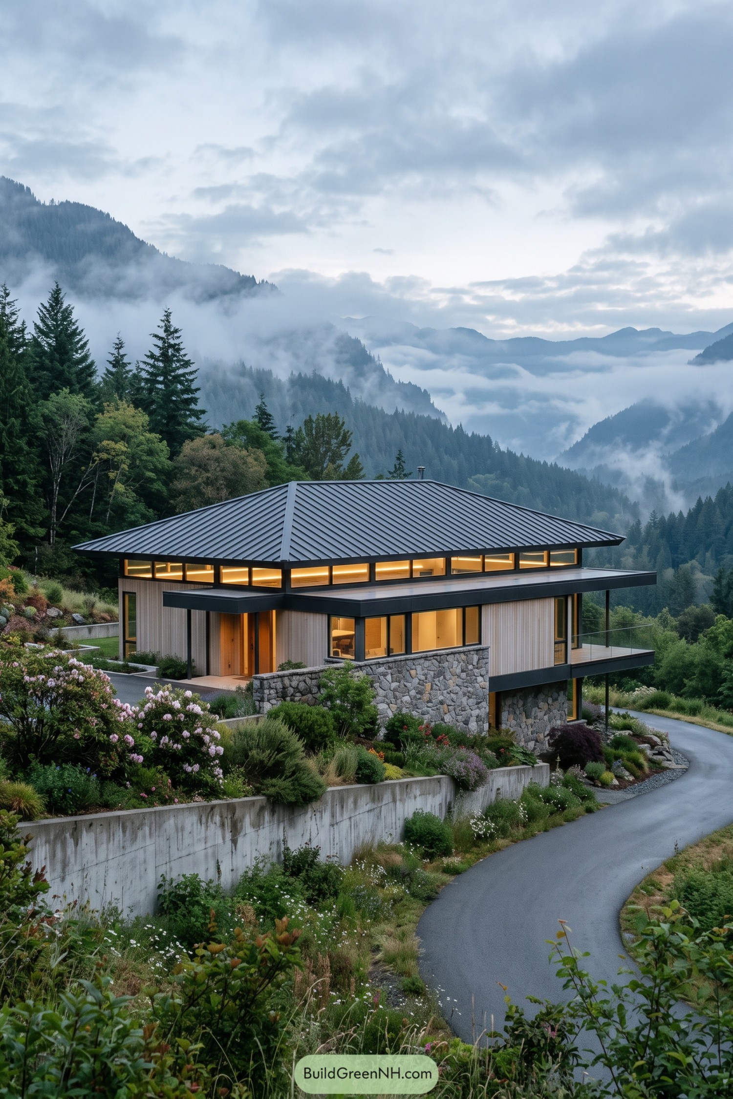 Modern hip roof home overlooking misty mountain forest