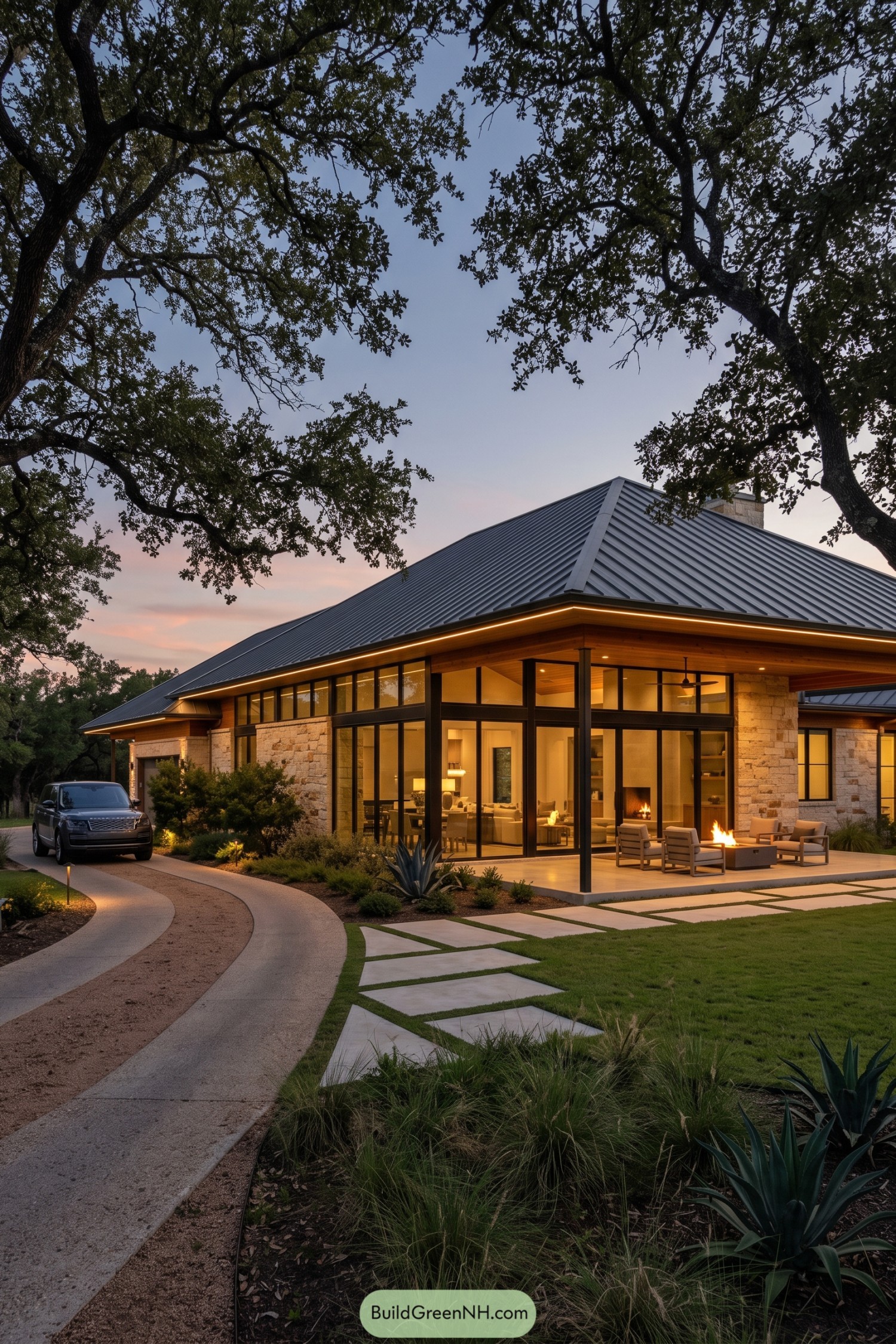 Modern stone and glass hip roof home beneath mature oak trees