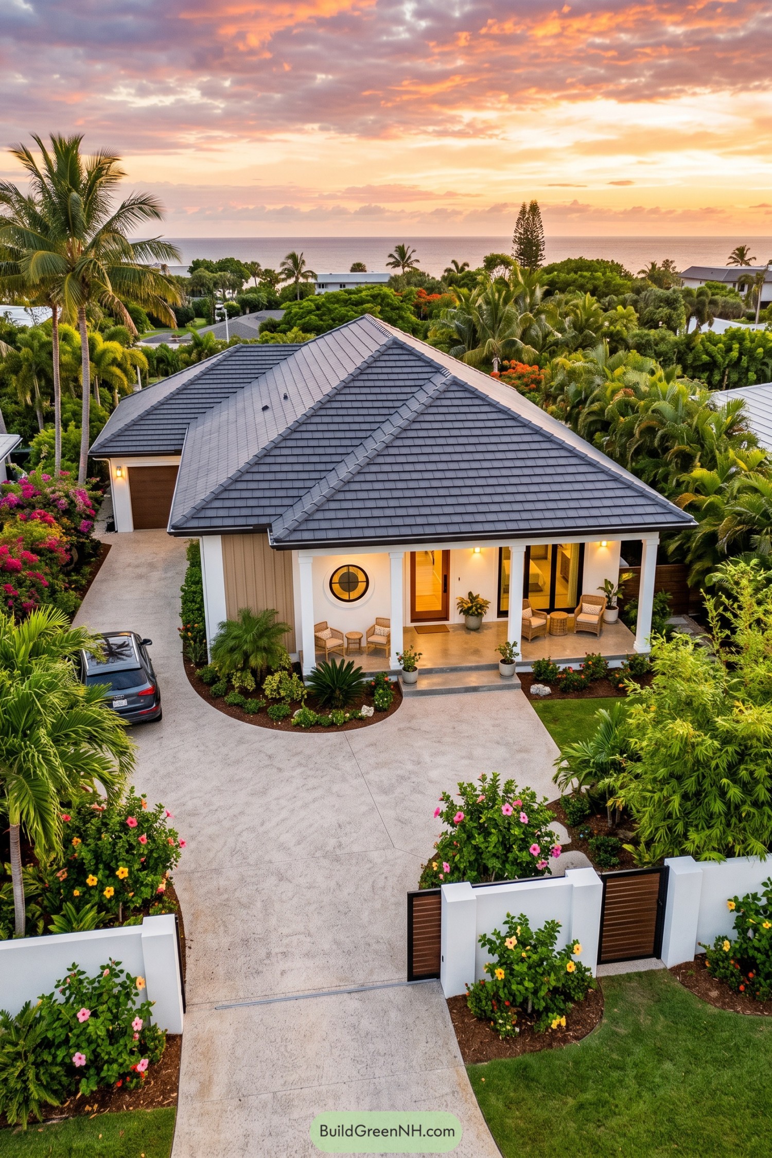 Coastal hip roof home with tropical gardens and ocean view
