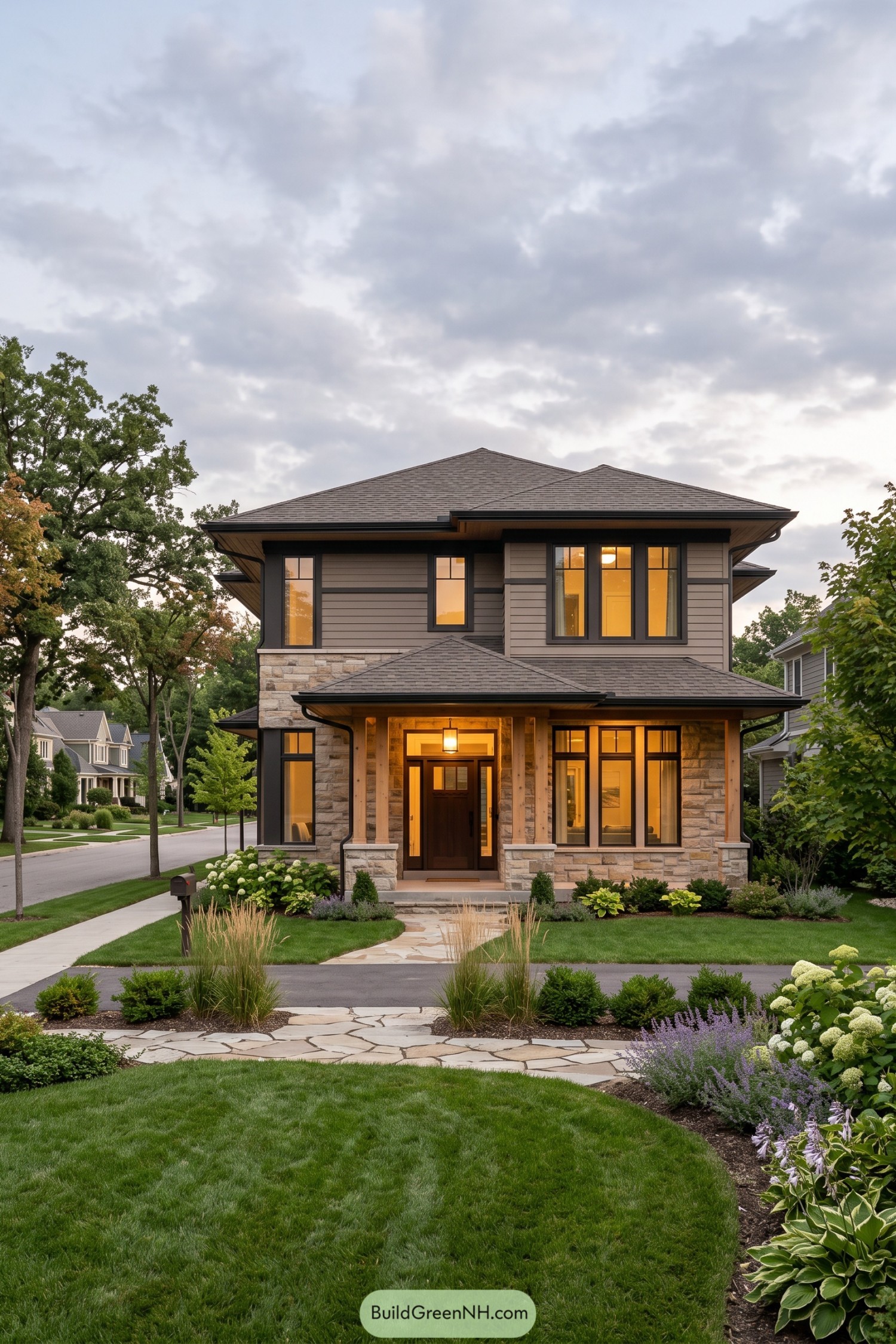 Two-story hip roof home with stone porch and warm windows