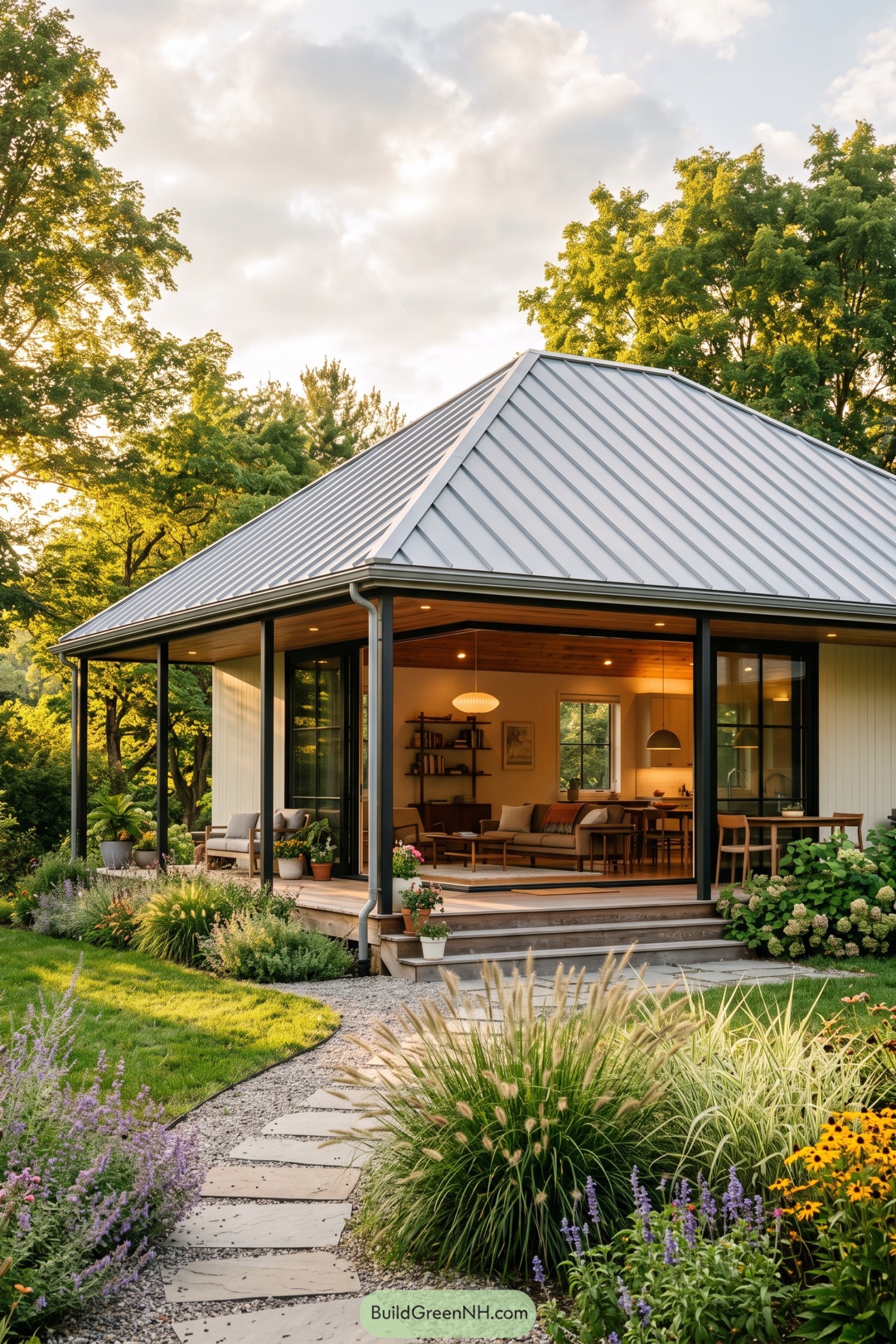Modern hip roof home with a metal roof and lush garden path