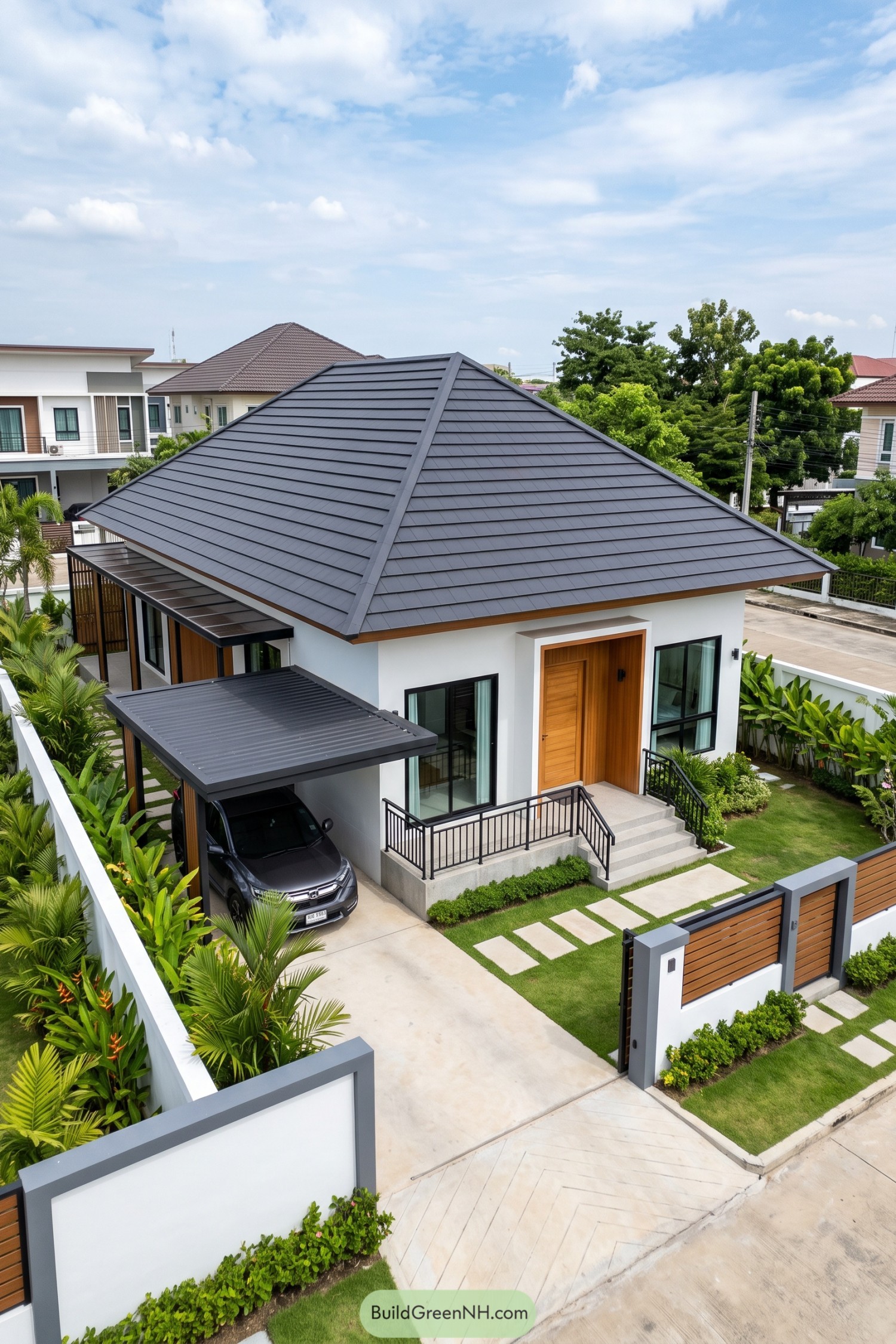 Modern white hip roof home with charcoal roof and tropical landscaping