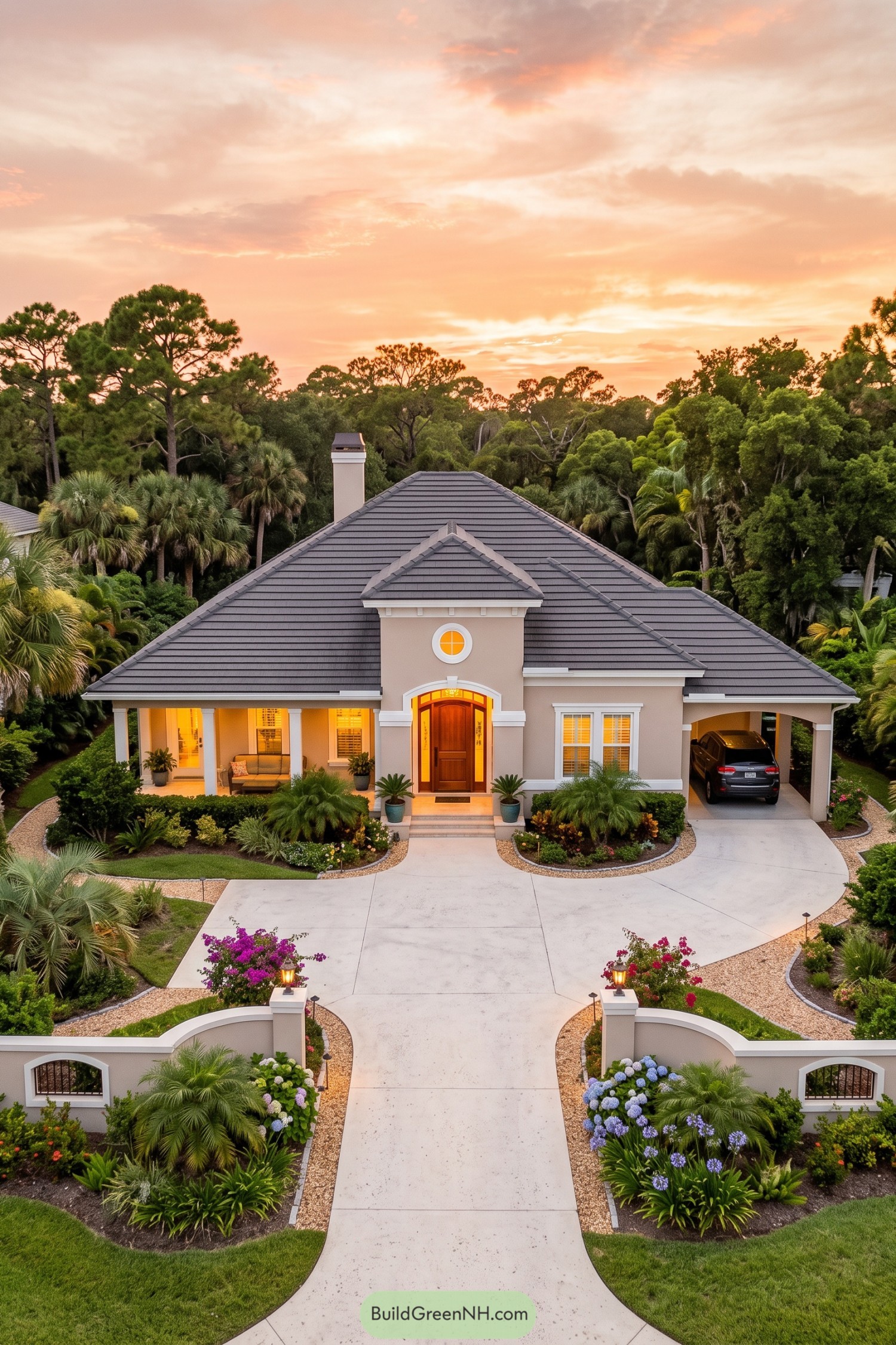 Gray hip roof home with a grand entry and tropical landscaping