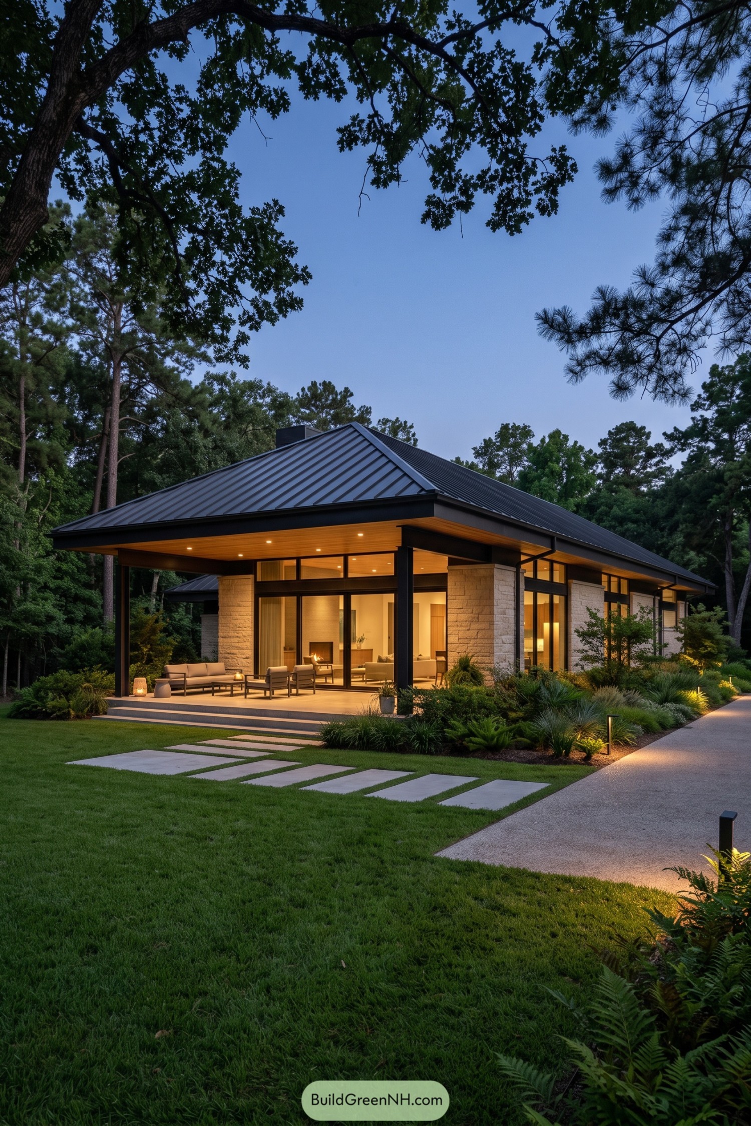 Contemporary hip roof home with stone walls and a covered terrace among trees