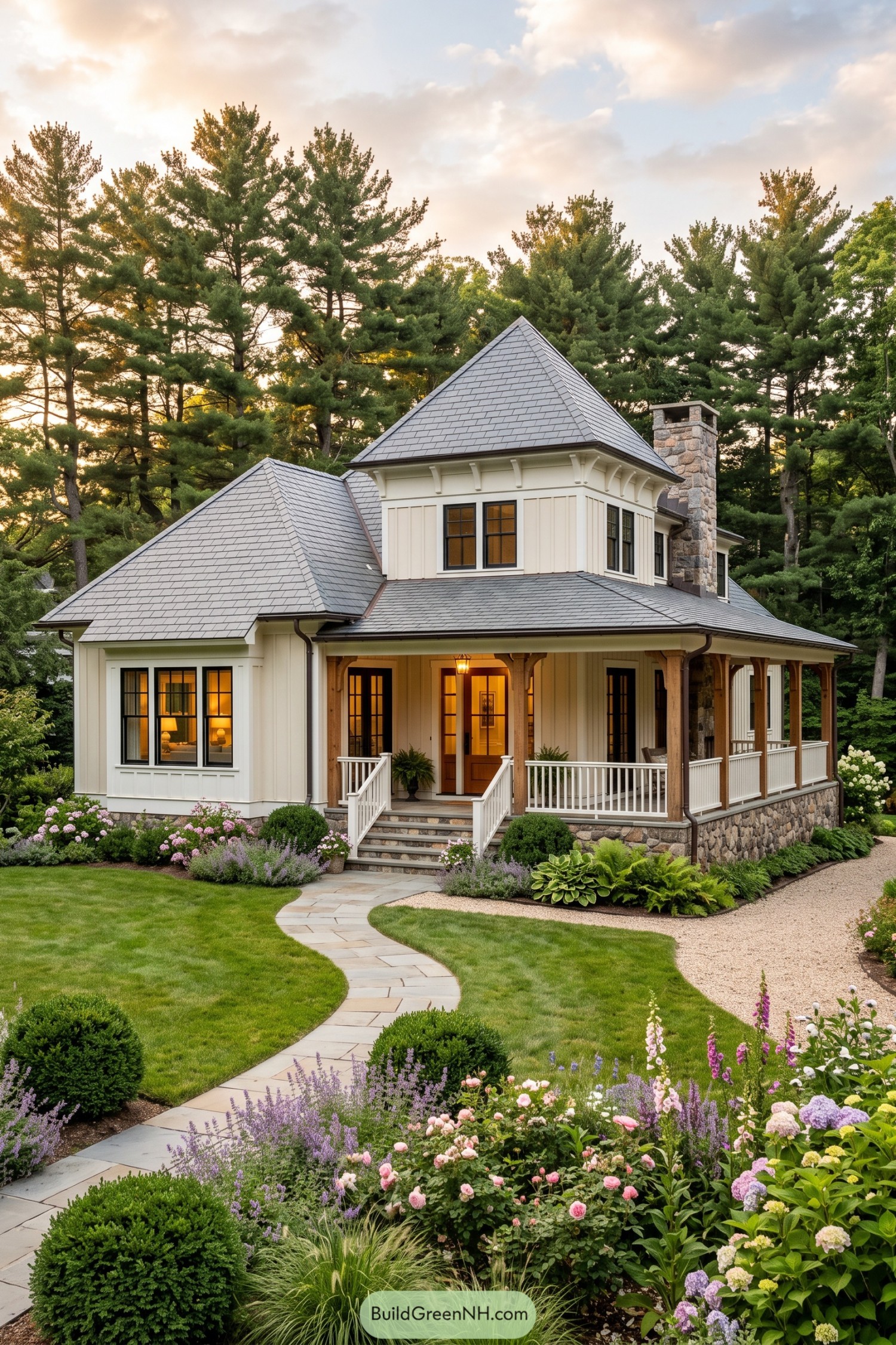 Cream cottage with gray hip roofs and wraparound porch
