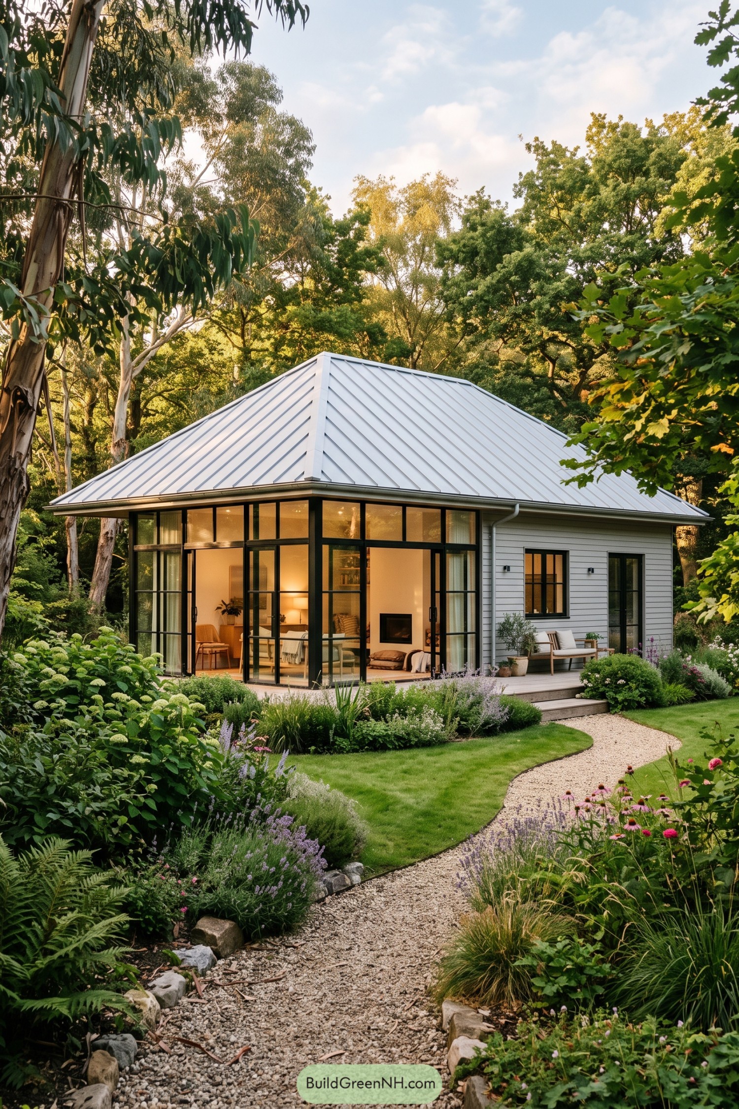 Contemporary hip roof home amid lush garden beds