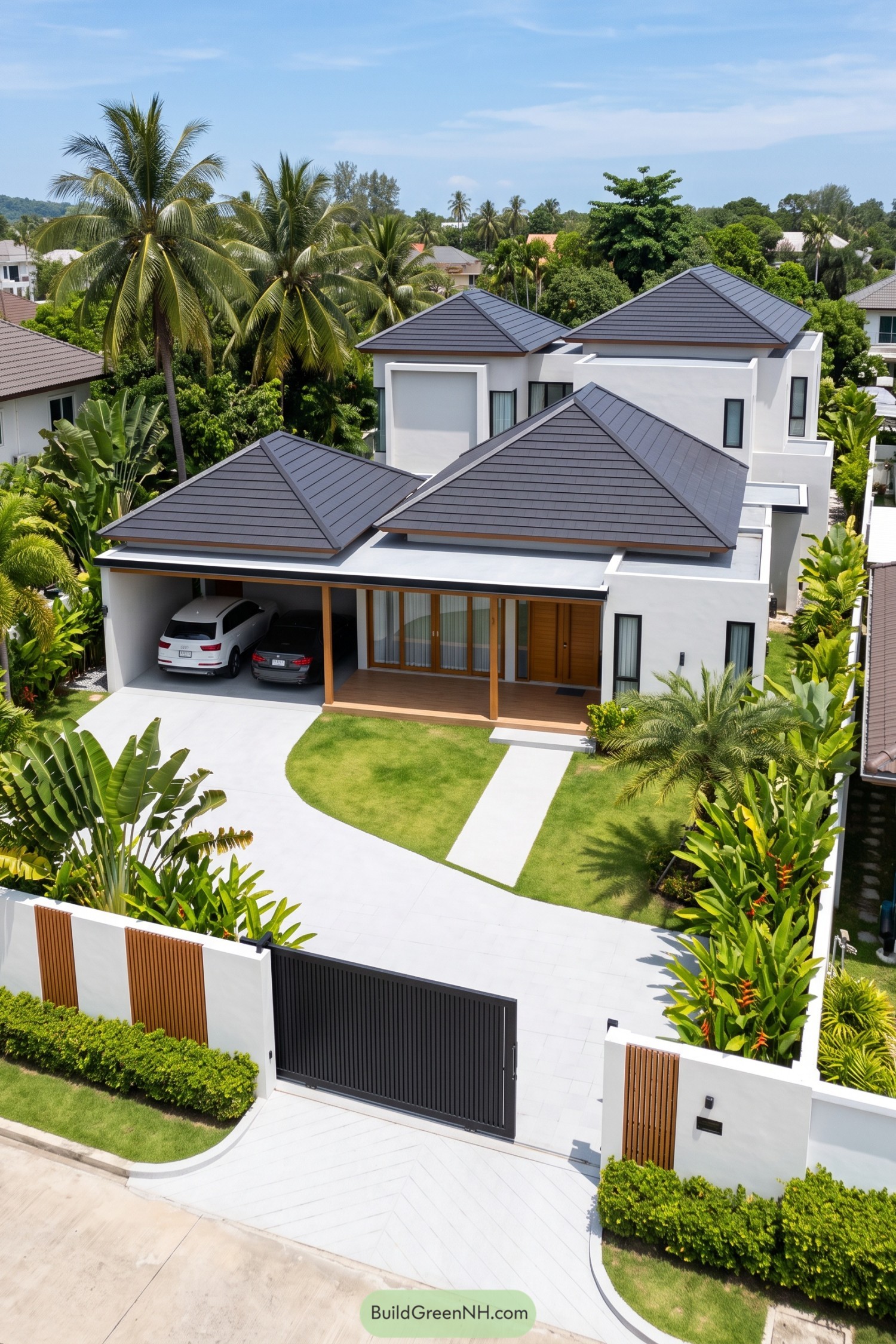 Modern white hip roof home with lush tropical landscaping
