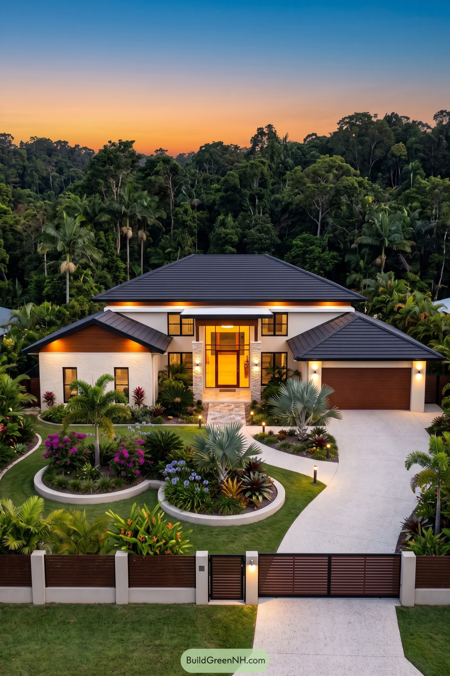Modern hip roof home with tropical garden