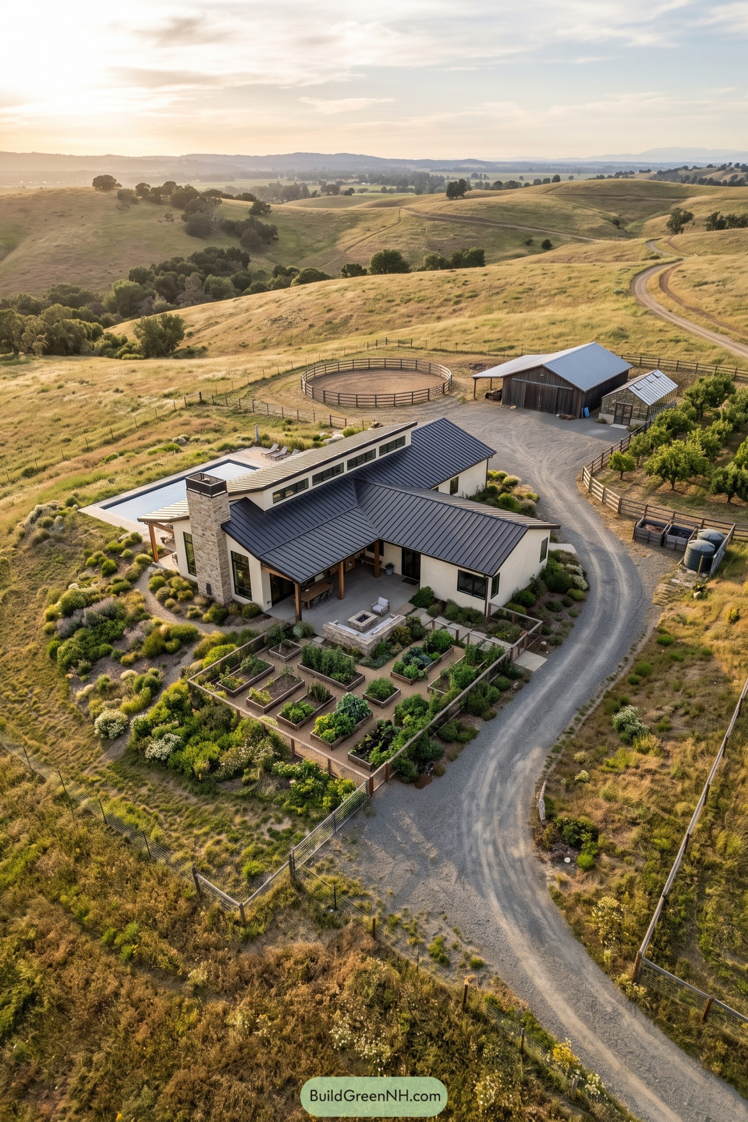 Modern hillside homestead with garden pool barn and riding ring