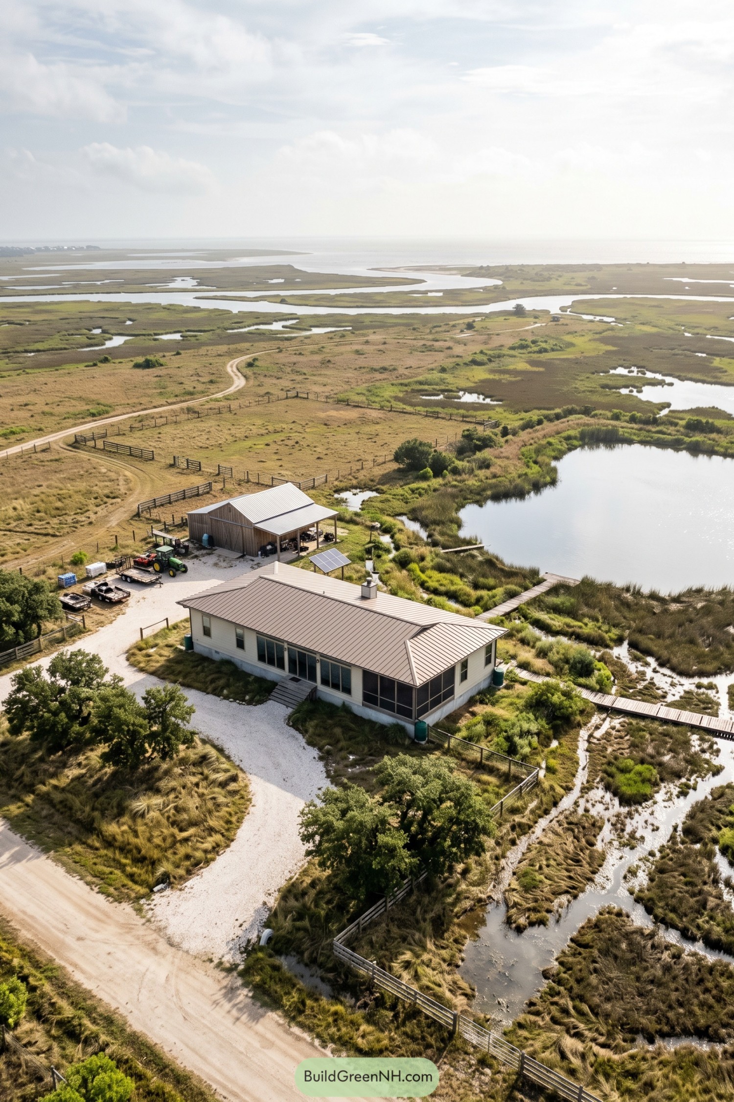 Coastal homestead with barn paddocks and marsh boardwalk