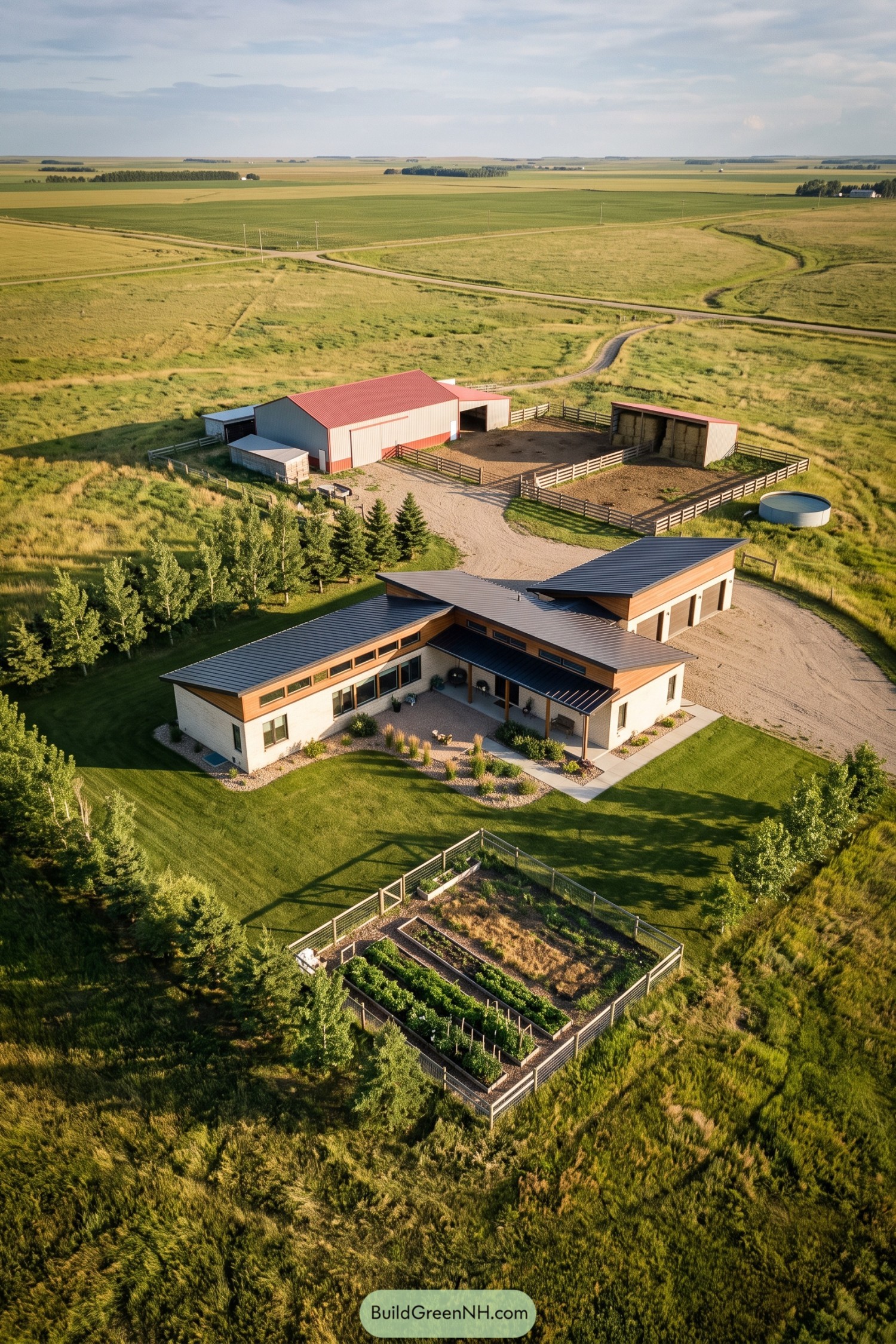 Modern ranch home with barns garden beds and fenced paddocks