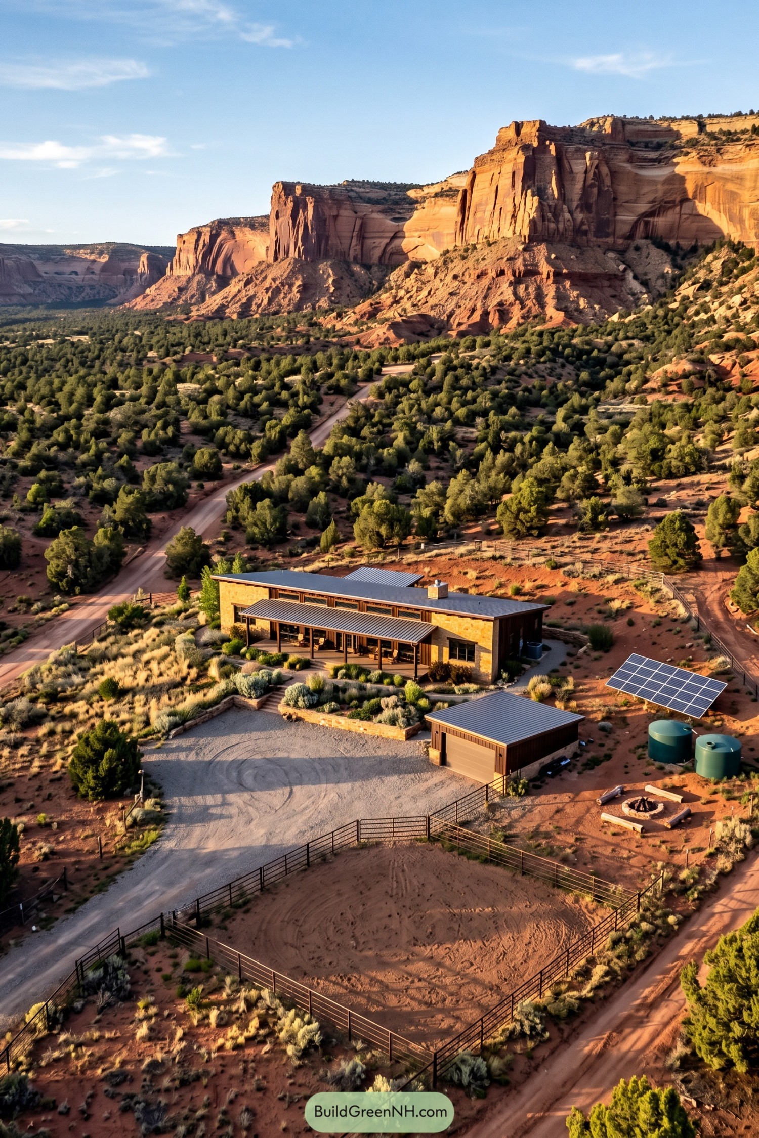 Solar-powered desert ranch with arena beneath red cliffs