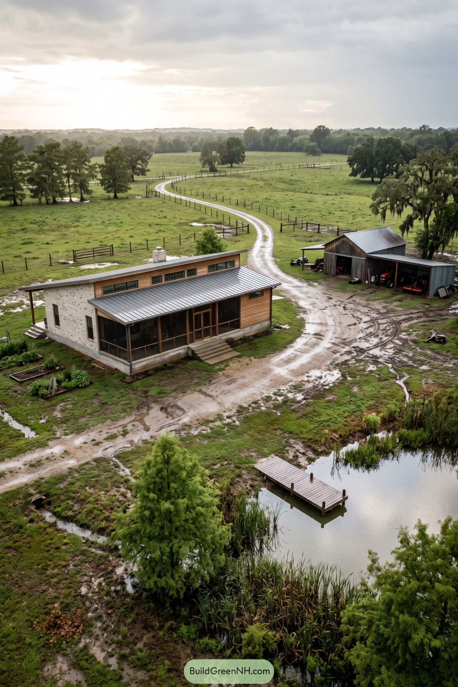 Modern farmhouse and barn beside a small docked pond and fenced pasture