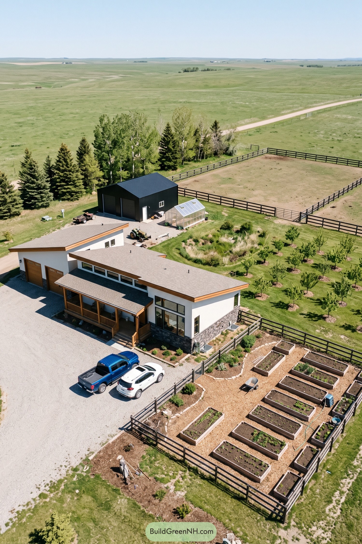 Modern homestead with raised beds greenhouse barn and fenced pasture