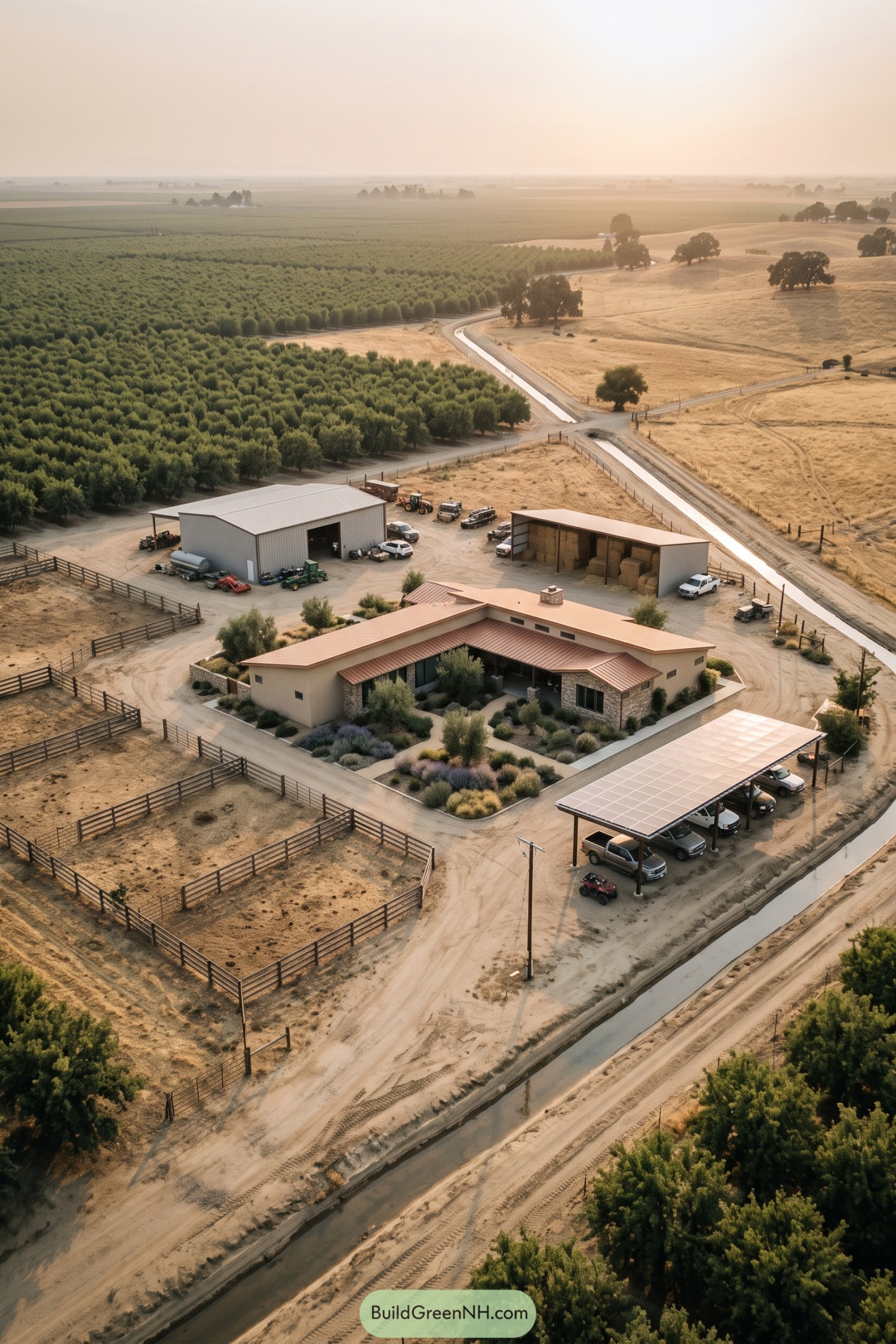 Ranch home with barns solar carport and orchard beside an irrigation canal