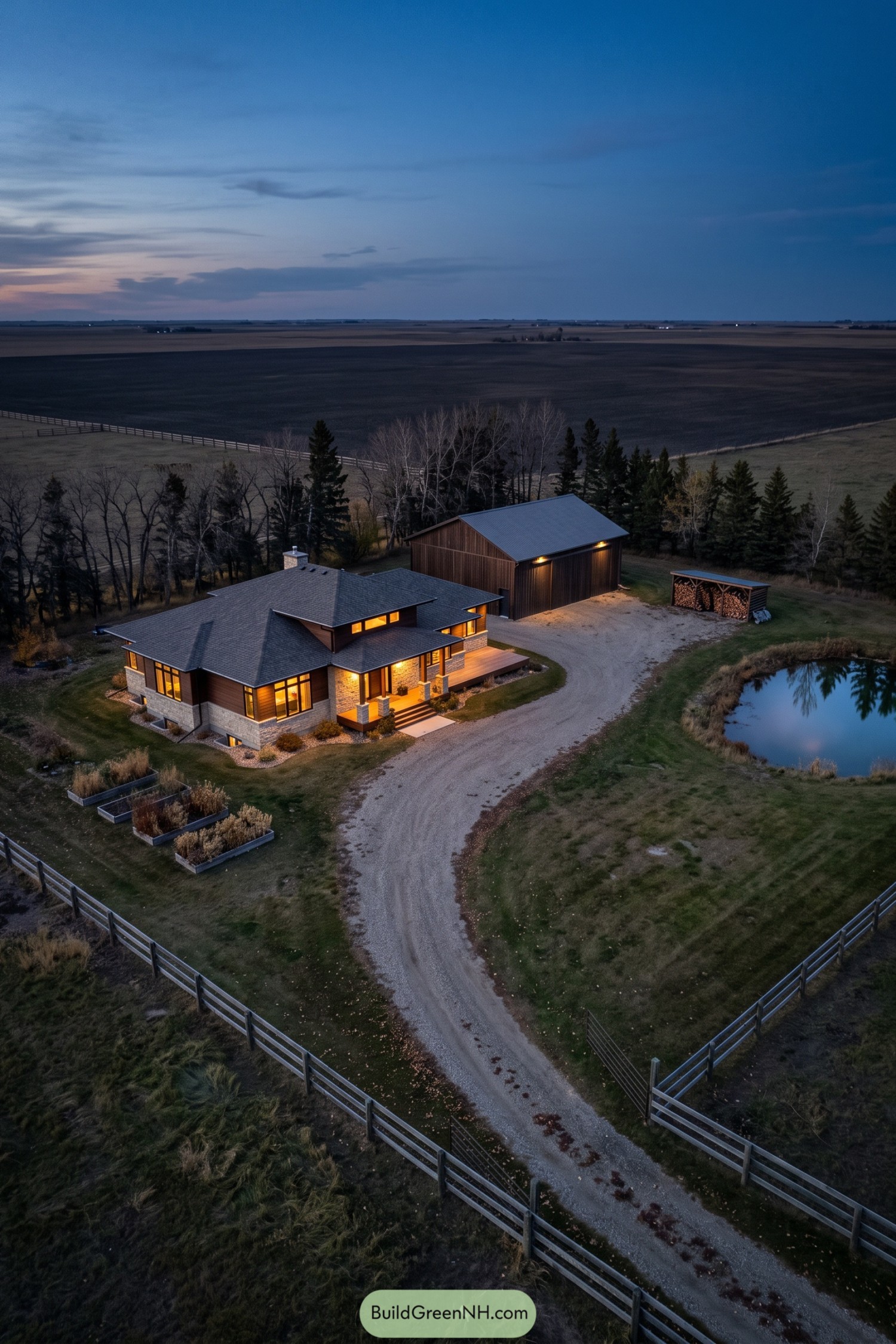 Modern ranch home with barn pond and fenced fields at dusk
