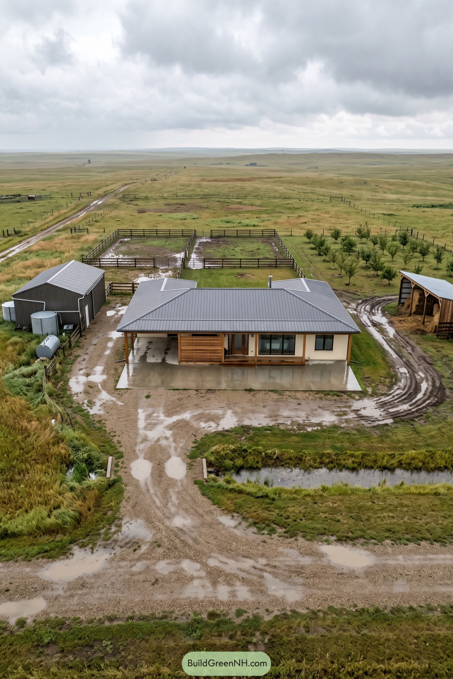 Modern ranch home with paddocks orchard and barns on wet grassland