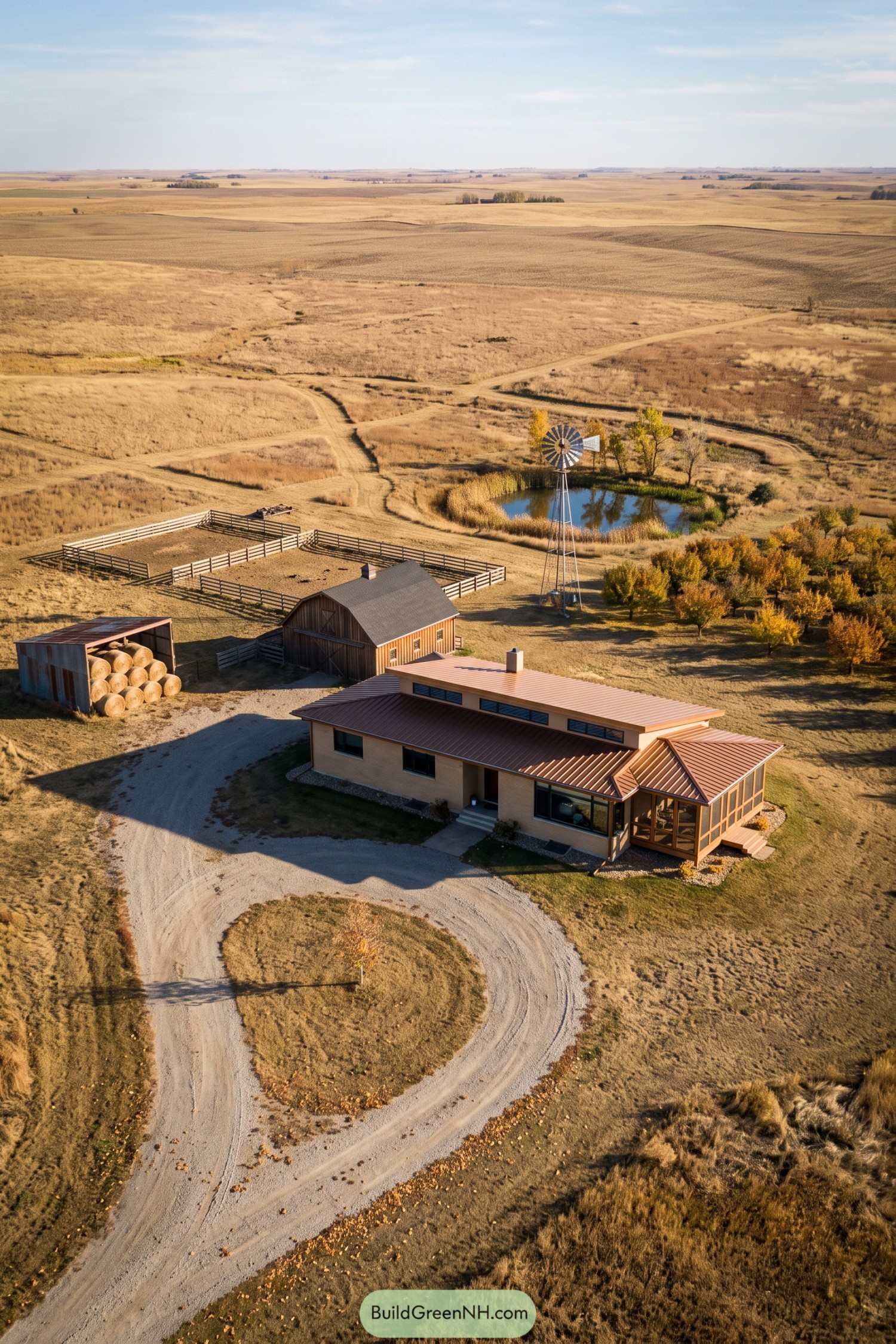 Modern ranch home with windmill pond barn and corrals on open prairie